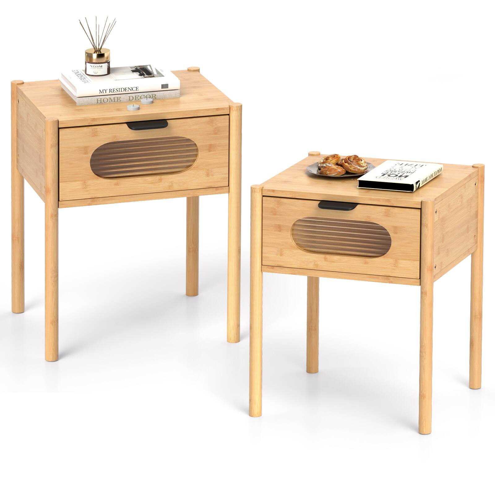 Gymax - 2PCS Bamboo Nightstand Farmhouse Bedside Table w/ Tempered Glass Decorated Drawer - Natural