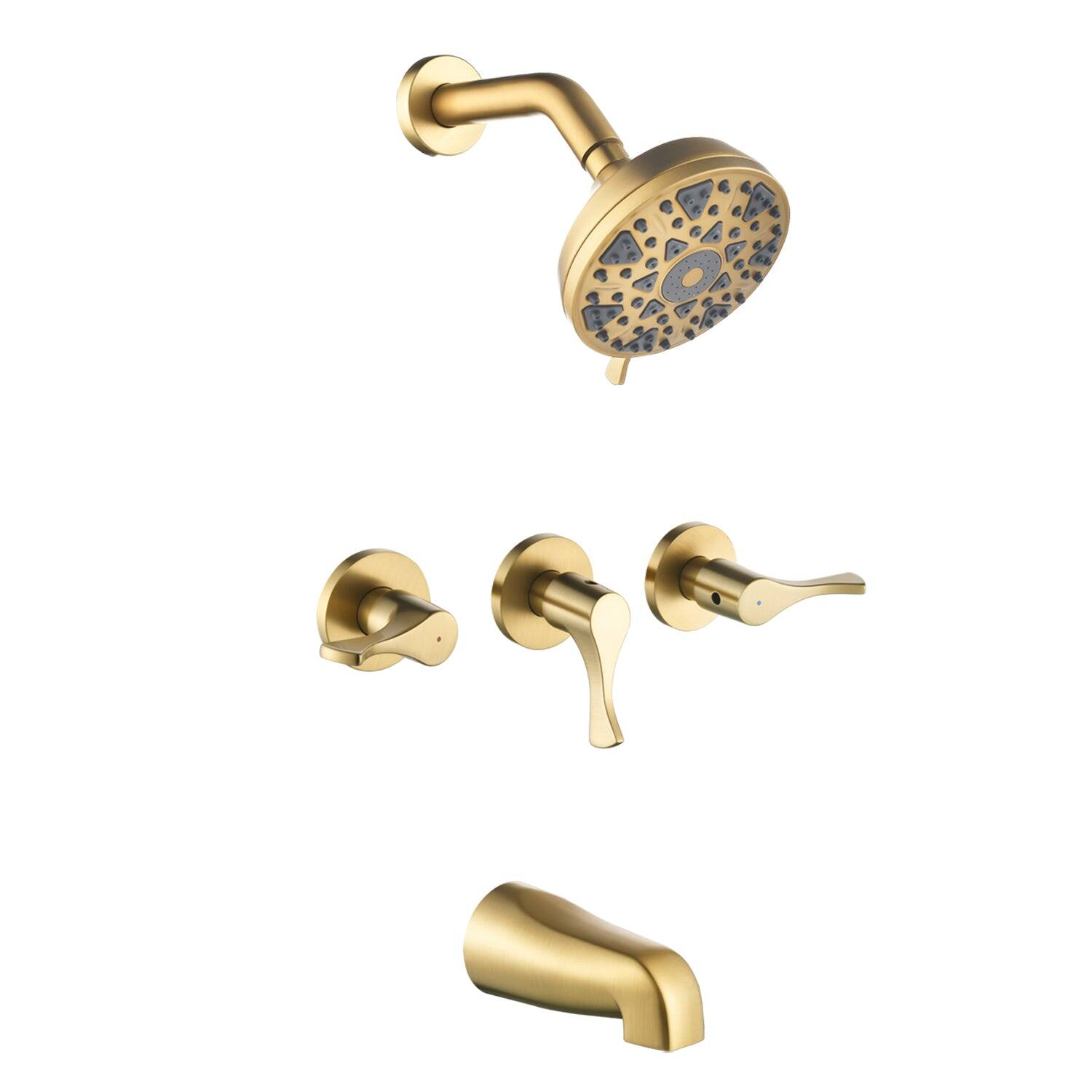 Front. Boyel Living - Brushed Gold Shower Set with 6 Function ABS Overhead Shower Three Handle Control and High Flow Tub Spout - Brushed Gold.