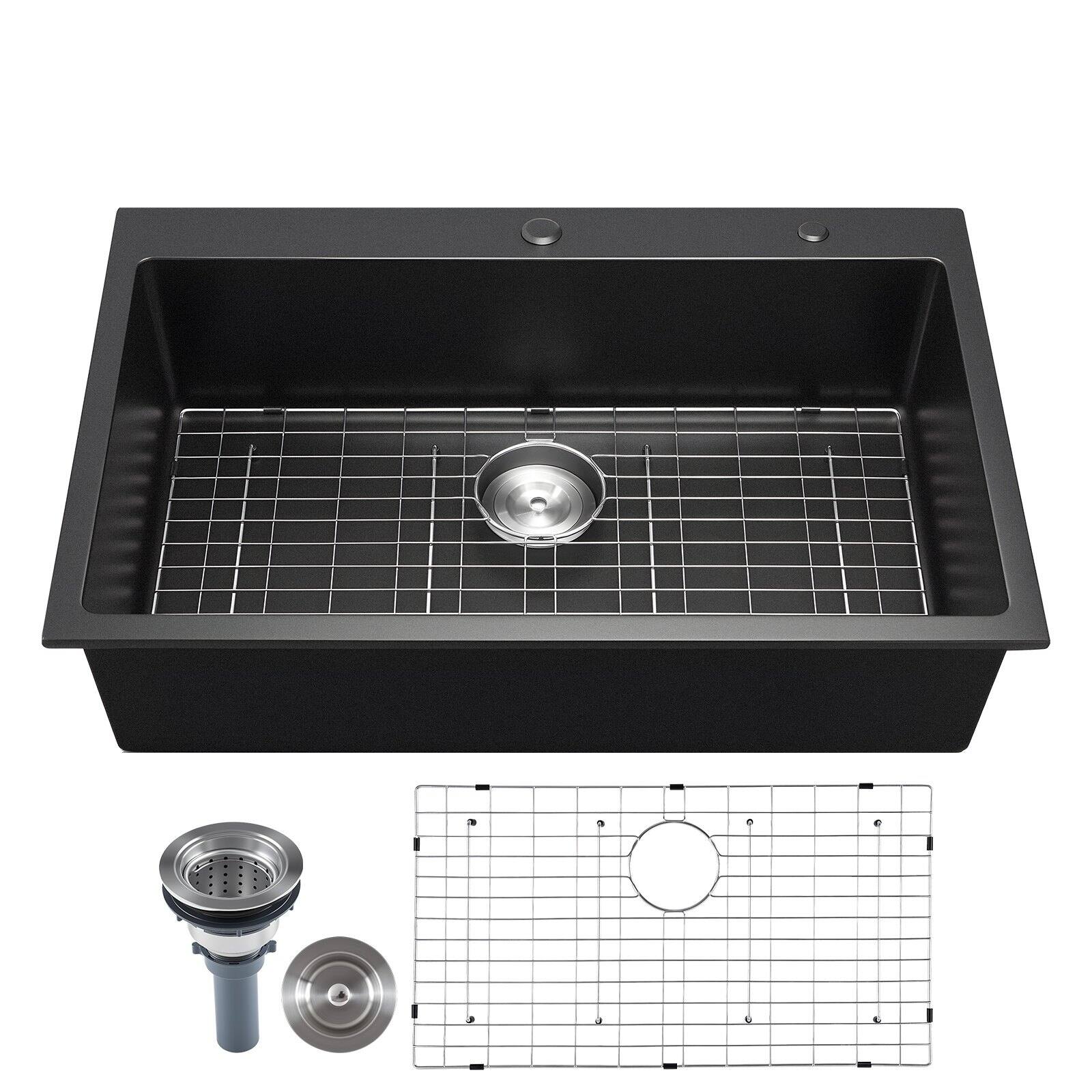 Front. Glintex - 33 in Top-Mount Granite Workstation Sink, Single Bowl w/ Accessories, RV/Prep/Bar - Black.