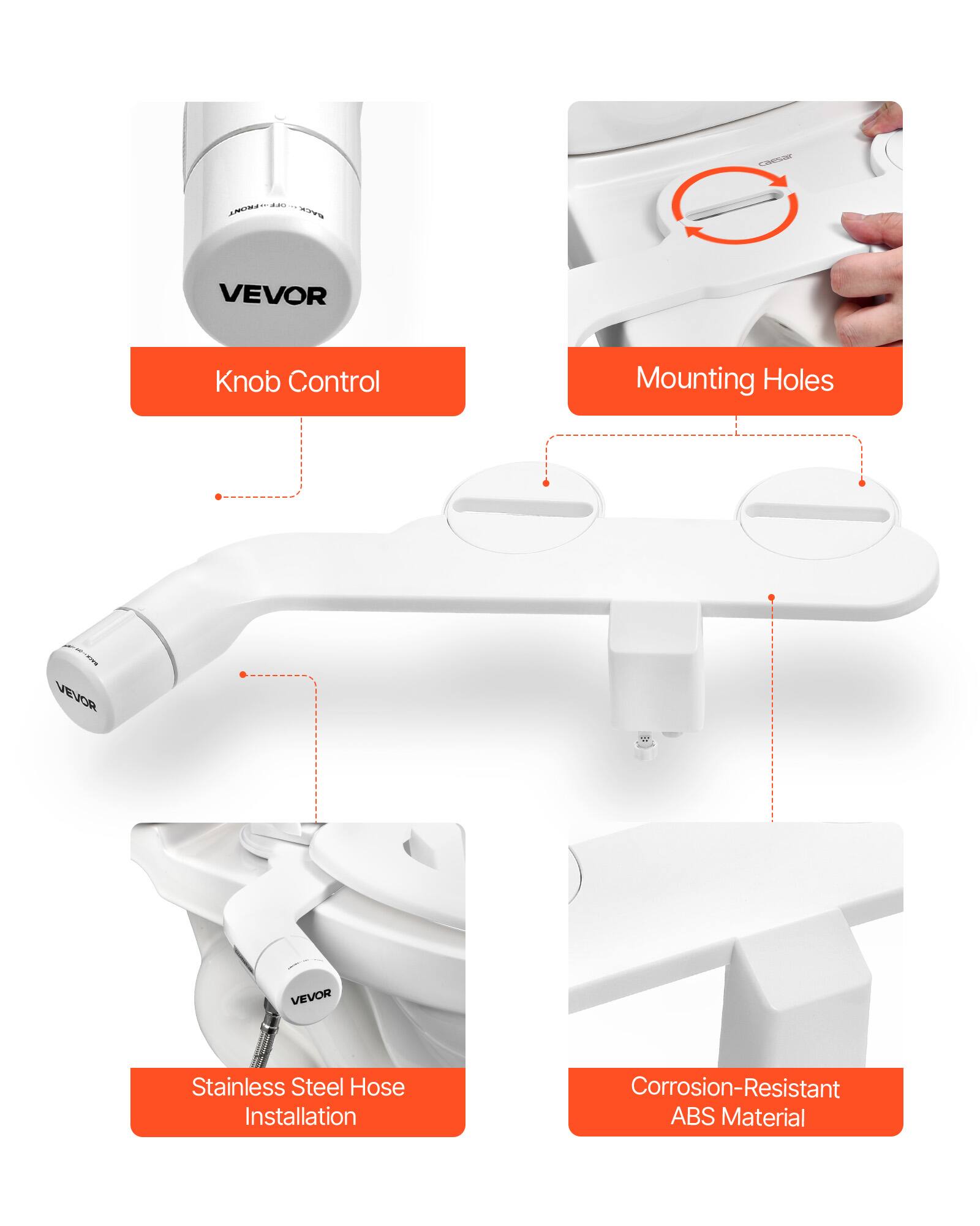 Knob Control, Mounting Holes, Stainless Steel Hose Installation, Corrosion-Resistant ABS Material