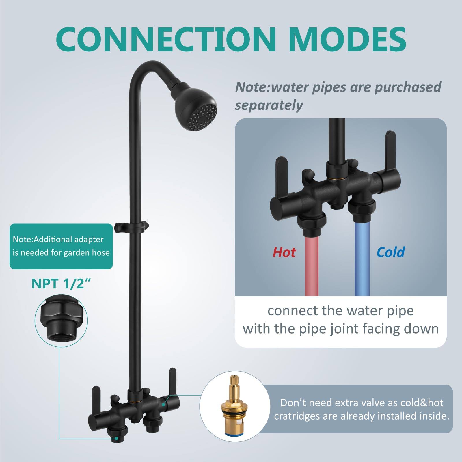 **CONNECTION MODES**

- Note: Water pipes are purchased separately.
- Note: Additional adapter is needed for garden hose.

**NPT 1/2"**

- Hot
- Cold

Connect the water pipe with the pipe joint facing down.

Don't need extra valve as cold & hot cartridges are already installed inside.