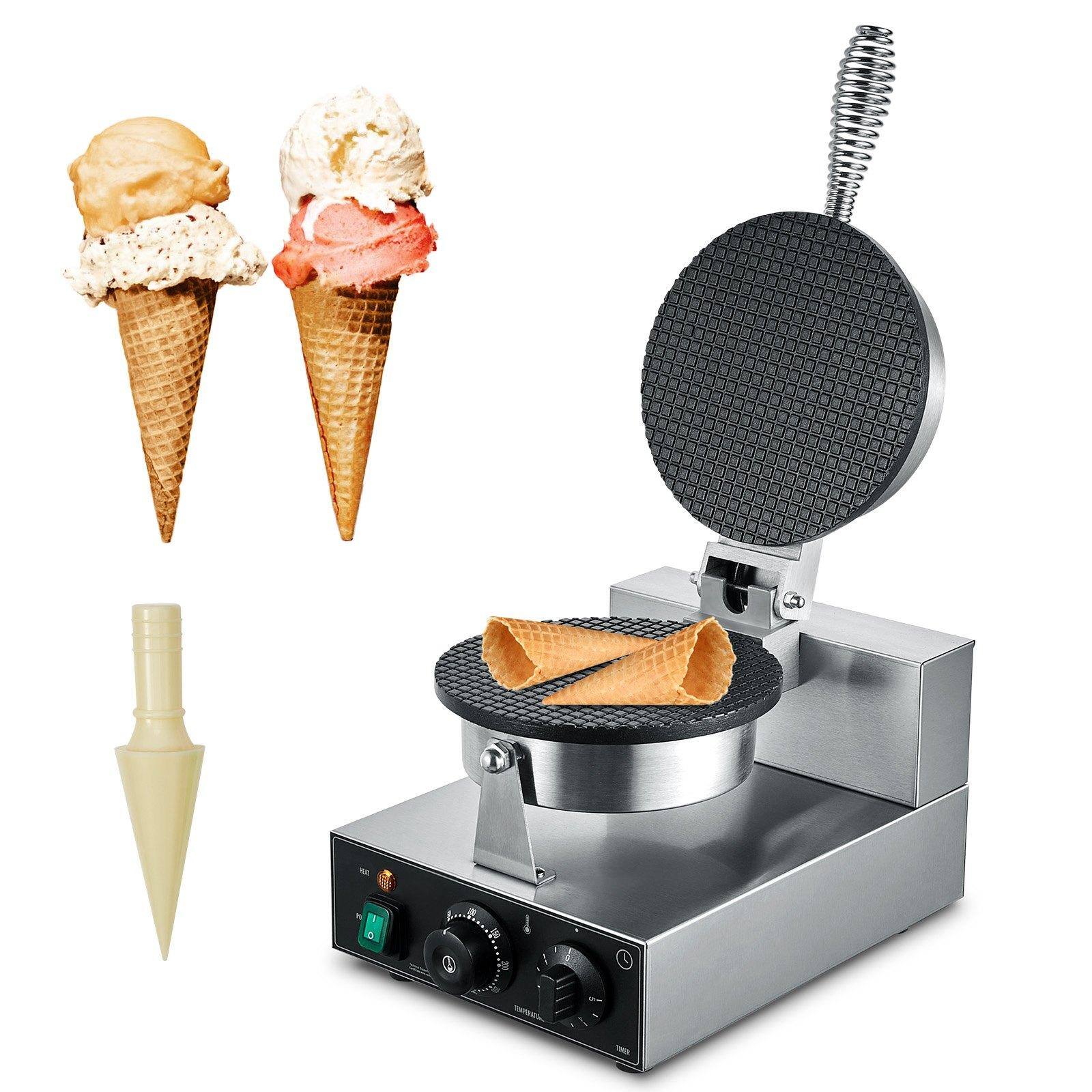 Glintex - Electric Ice Cream Cone Maker, 1230W Commercial Waffle Cone Machine, Nonstick Stainless Steel, Temp & Timer Control - Silver