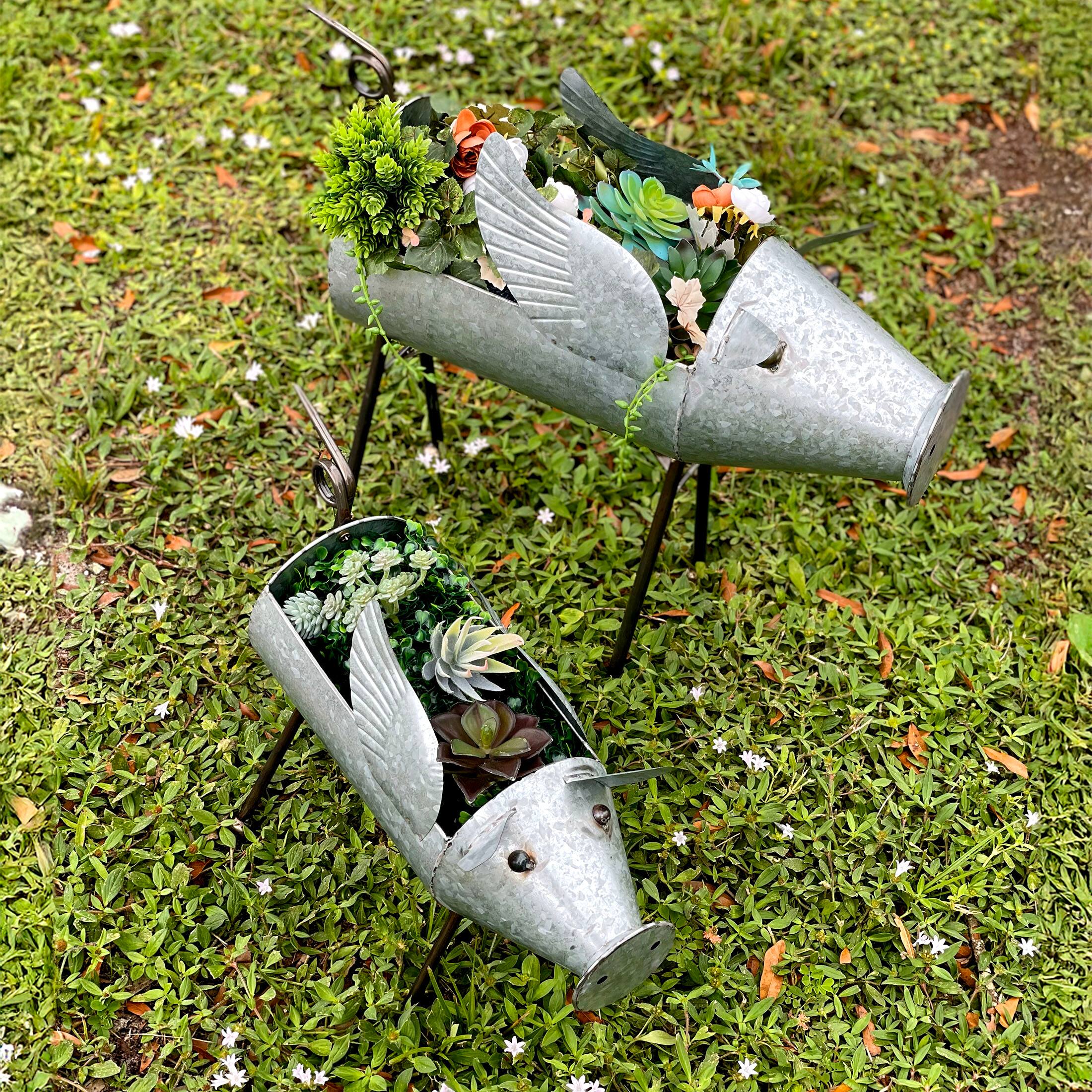 Alt View 3. Zeckos - Set of 2 Flying Pig Planters - Distressed Metal - Whimsical Farmhouse Decor - Flying Silver.