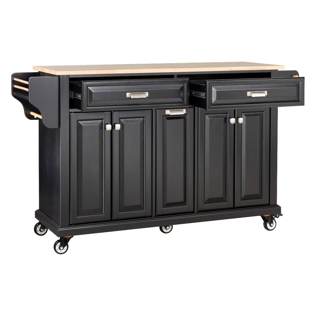 Alt View 2. Loheer - Loheer Black Kitchen Island with Rubberwood Countertop Rolling Kitchen Cart on 5 Wheels - Black.