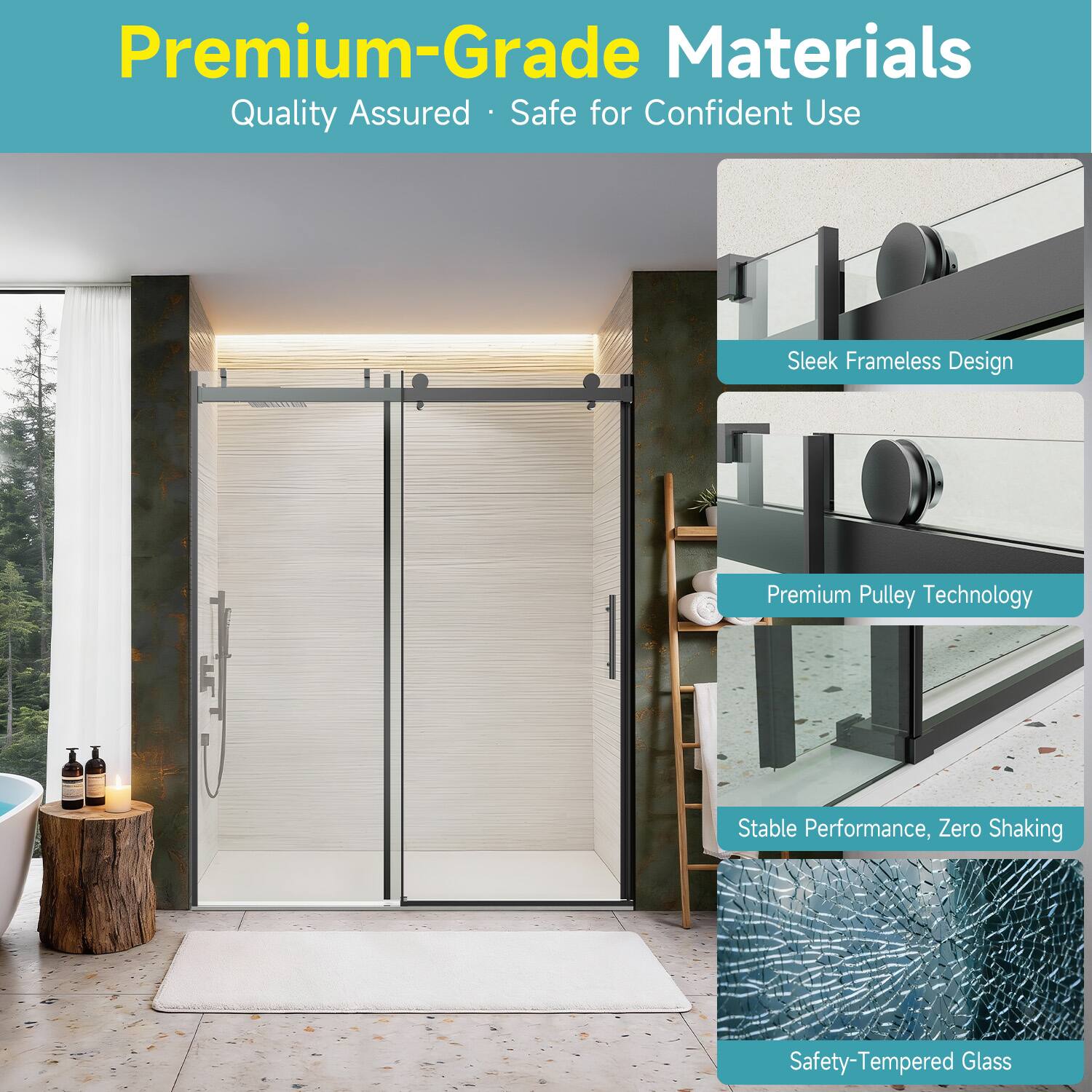 Premium-Grade Materials  
Quality Assured • Safe for Confident Use  

Sleek Frameless Design  
Premium Pulley Technology  
Stable Performance, Zero Shaking  
Safety-Tempered Glass