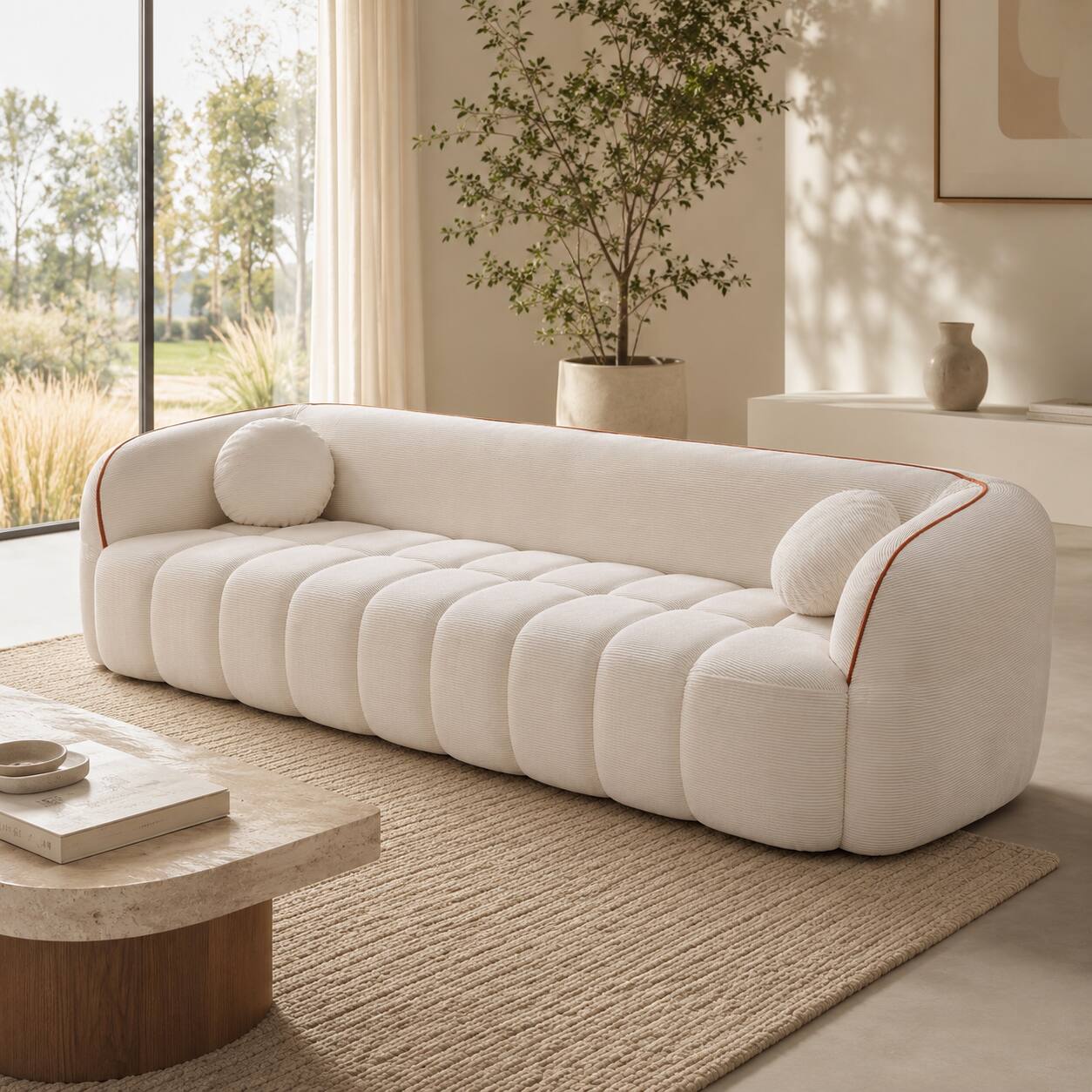 Angle. Anysun - 98.4" Modern Compressed Sofa – Cloud Couch 3-Seater Corduroy Channel Tufted Couch with 2 Pillows, No Assembly Required - White.