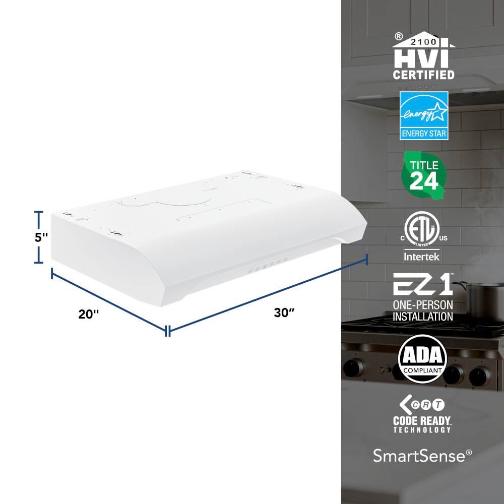 The image features a white appliance with a 20" x 30" size, which is HVI certified and Energy Star rated. The appliance is designed for one-person installation and is ADA compliant. It is also equipped with SmartSense technology, making it a smart and efficient choice for your home.