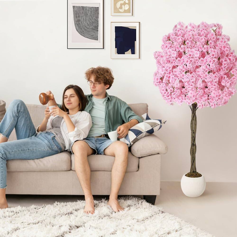 Alt View 4. Homhougo - Pink Silk Cherry Blossom Tree 5FT, Artificial Flower Tree with Wood Trunk, Indoor Outdoor Home Office Decor - Green.