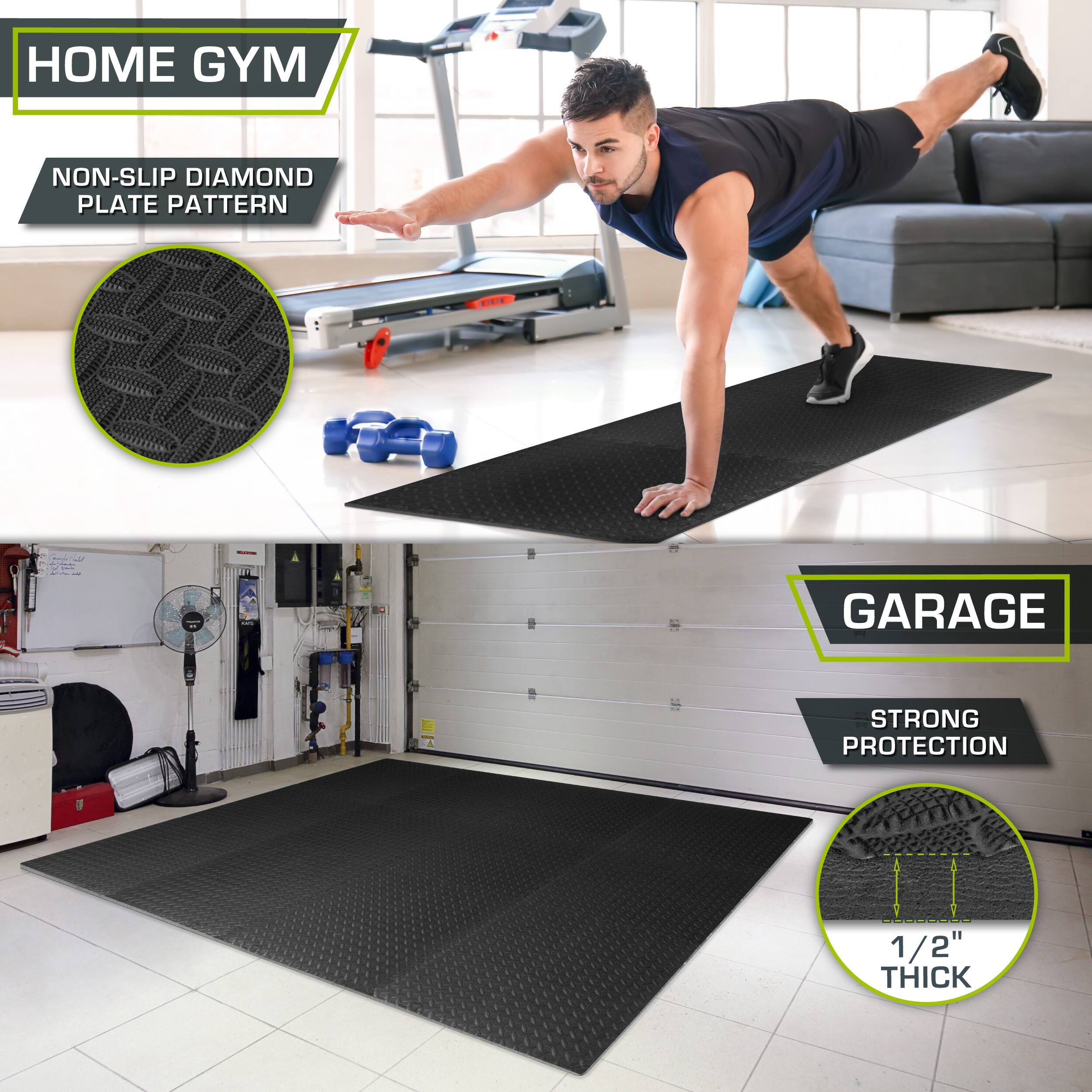 HOME GYM NON-SLIP DIAMOND PLATE PATTERN: | | ee GARAGE STRONG PROTECTION 1 1/2" THICK

- HOME GYM
- NON-SLIP DIAMOND PLATE PATTERN
- GARAGE
- STORAGE, PROTECTION
- 1/2" THICK