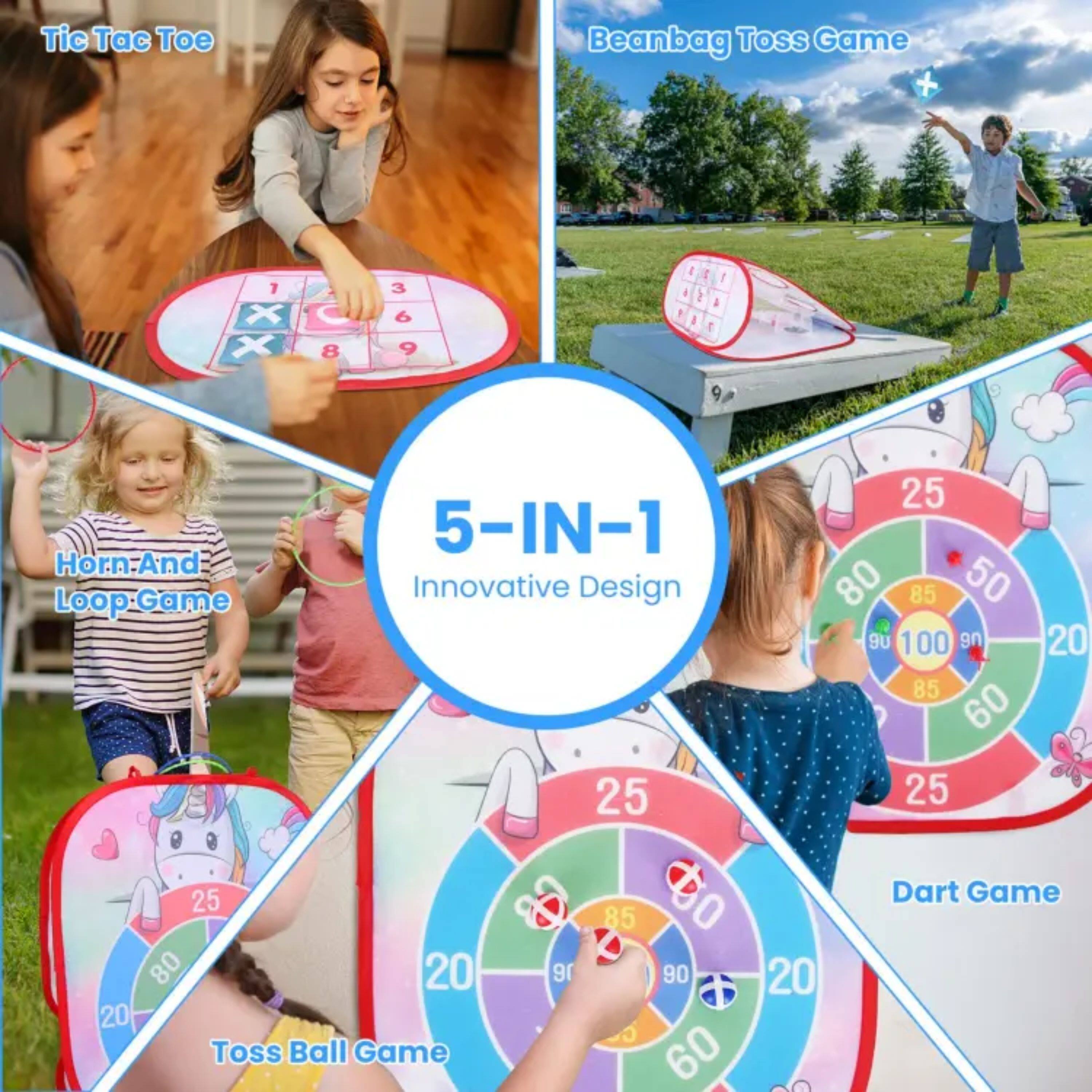 Tic Tac Toe Beanbag Toss Game

5-IN-1 Innovative Design

- Tic Tac Toe
- Beanbag Toss Game
- Horn-And Loop Game
- Toss Ball Game
- Dart Game