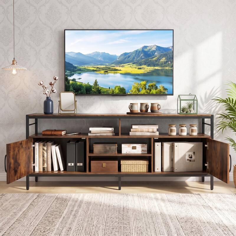 Alt View 3. WELLFOR - Industrial TV Stand for 55"/60"/65" Inch TVs with Adjustable Shelf, Entertainment Centre with 2 Door & Open Shelf - Rustic Brwon.