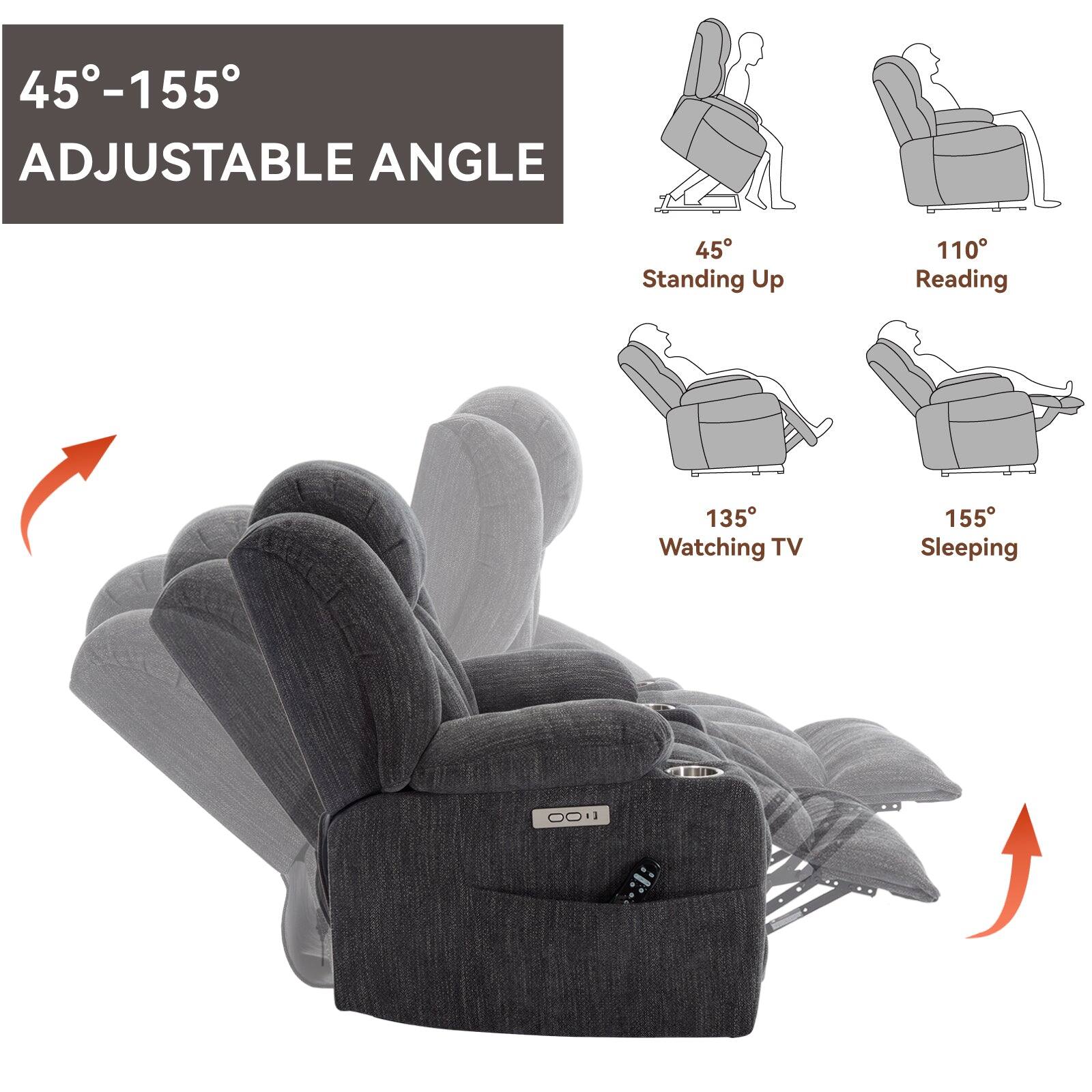 45-155 Adjustable Angle: 45 Standing Up, 110 Reading, 135 Watching TV, 155 Sleeping.