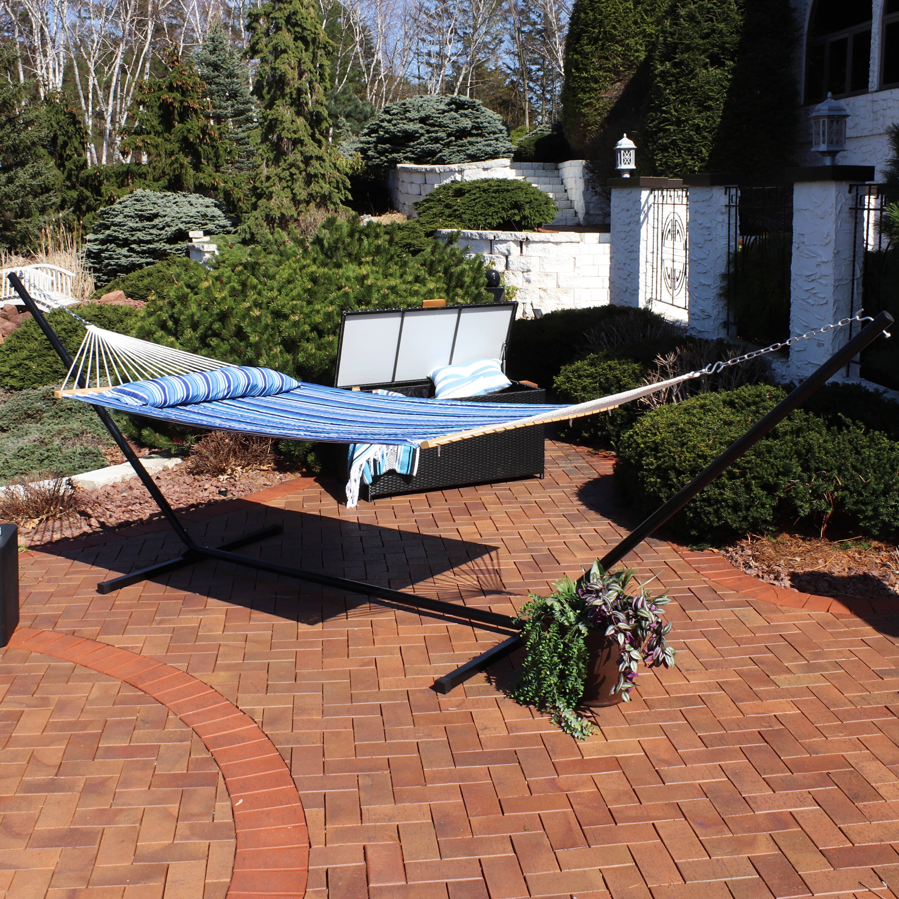 Alt View 4. Sunnydaze - 2-Person Quilted Fabric Hammock with Steel Stand - Catalina Beach.