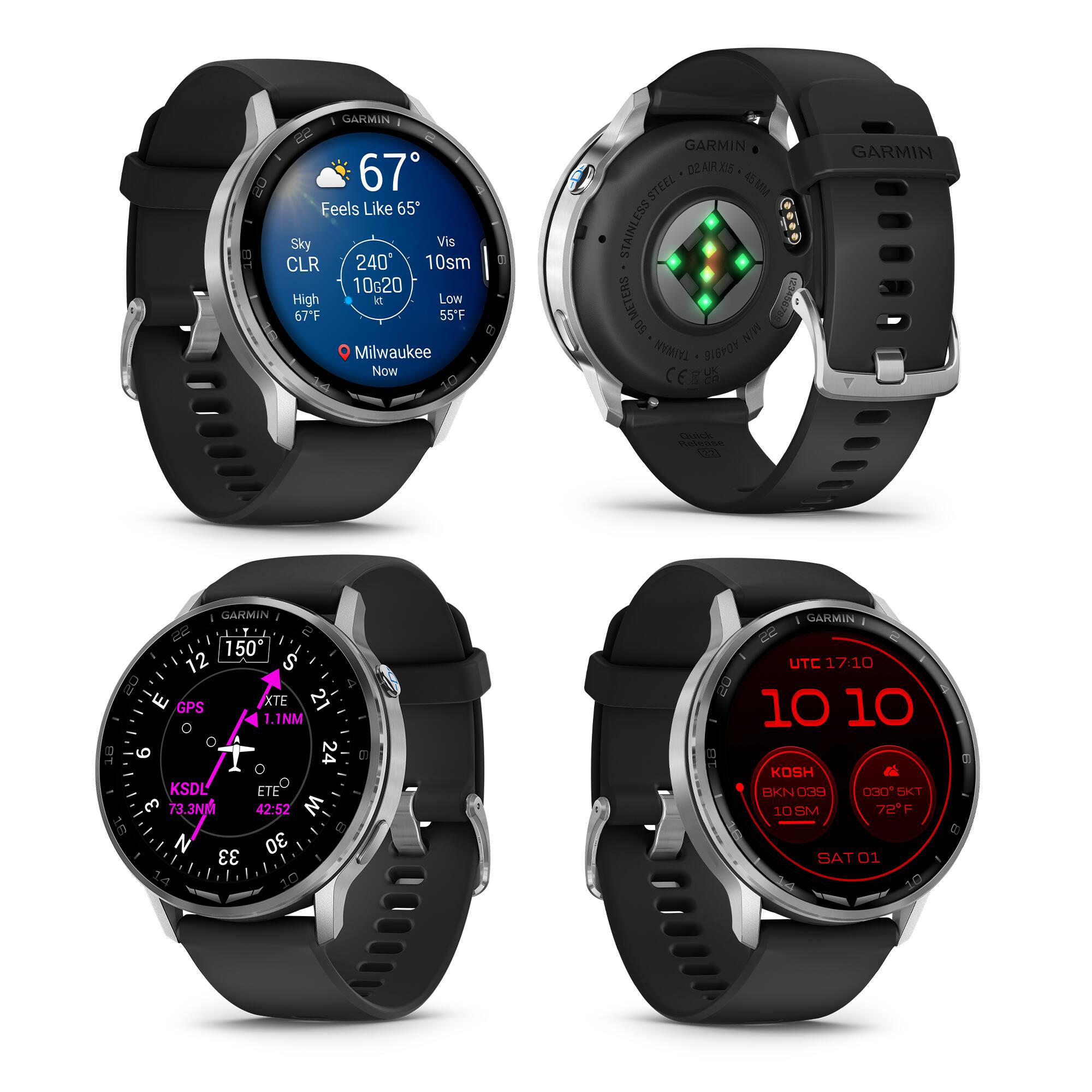 GARMIN 67  
Feels Like 65  
Sky Vis CLR 240° 10sm 10G20  
High 67F Low 55F  
Milwaukee Now 1  

GARMIN 02  
AIRXIS STEEL 15 u  
ESS STAINLESS METERS 1234567g  
50 N/W TAIWAN  
SISPOV CE uK  

GARMIN Ciste Palea Ss  
GARMIN 150  

12 S E GPS XTE 21 1.1NM + 9 1 24 KSDL ETE 3NM 42:52 W 18 N 30 33 14 10 a UTC 17:10 10 10 KOSH t BKN 039 030 BKT 10 SM 72F SAT 01 dush 10