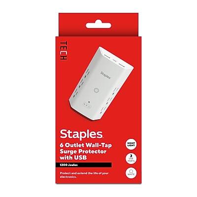 Staples  
6 Outlet Wall-Tap Surge Protector with USB  
1200 Joules  
Protect and extend the life of your electronics.  
NIGHT LIGHT  
3 USB PORTS  
WHITE