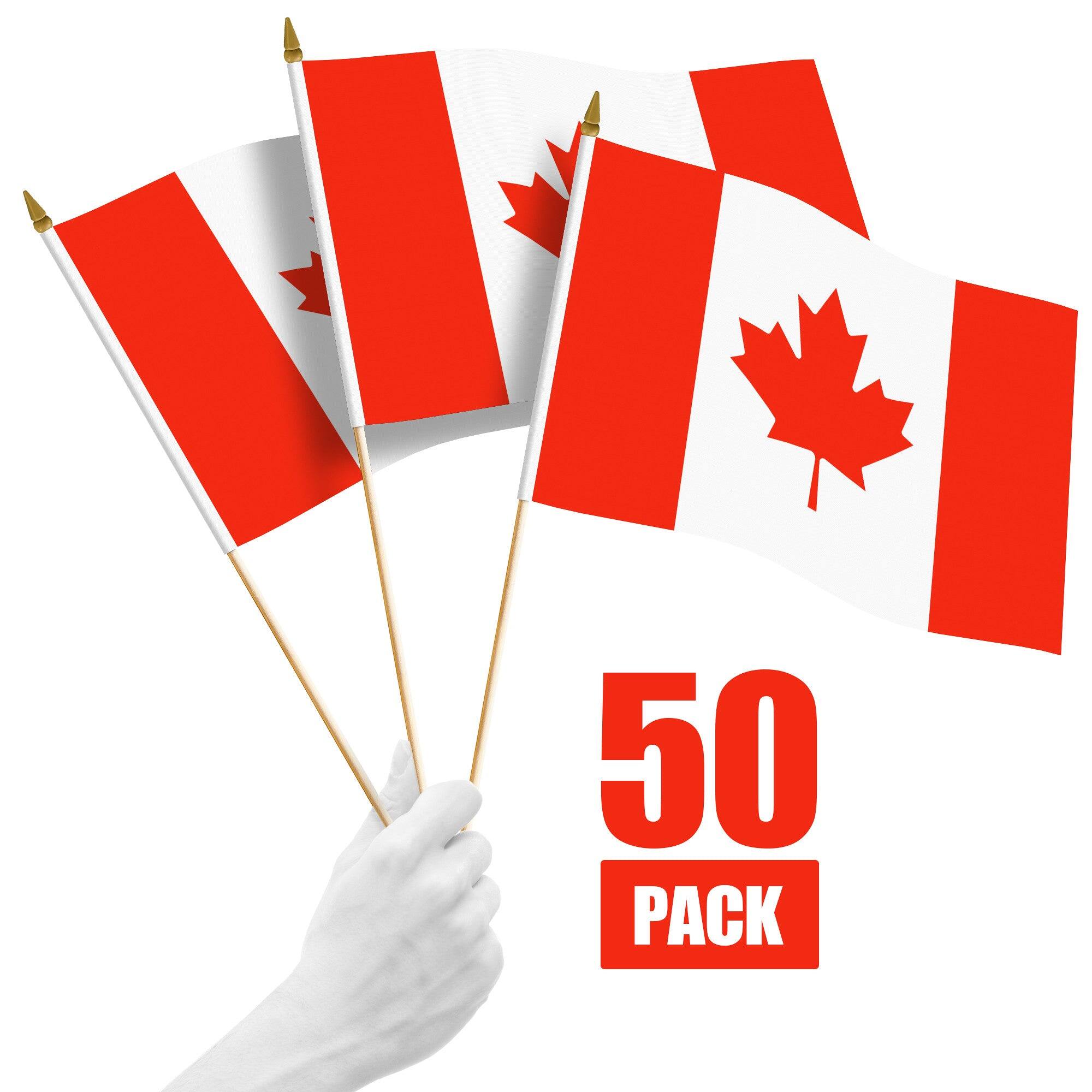 Front. G128 - 50-Pack Handheld Canada Stick Flags, 12" x 18", 150D Polyester with Wooden Stick and Gold Spear Tip. - Assorted Colors.