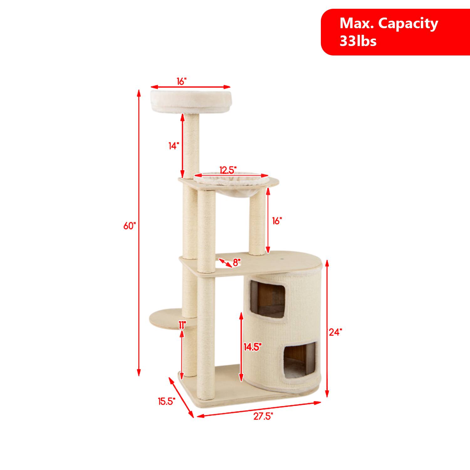 Max. Capacity 33lbs  
16"  
14"  
12.5"  
60"  
16"  
8"  
11"  
14.5"  
24"  
15.5"  
27.5"