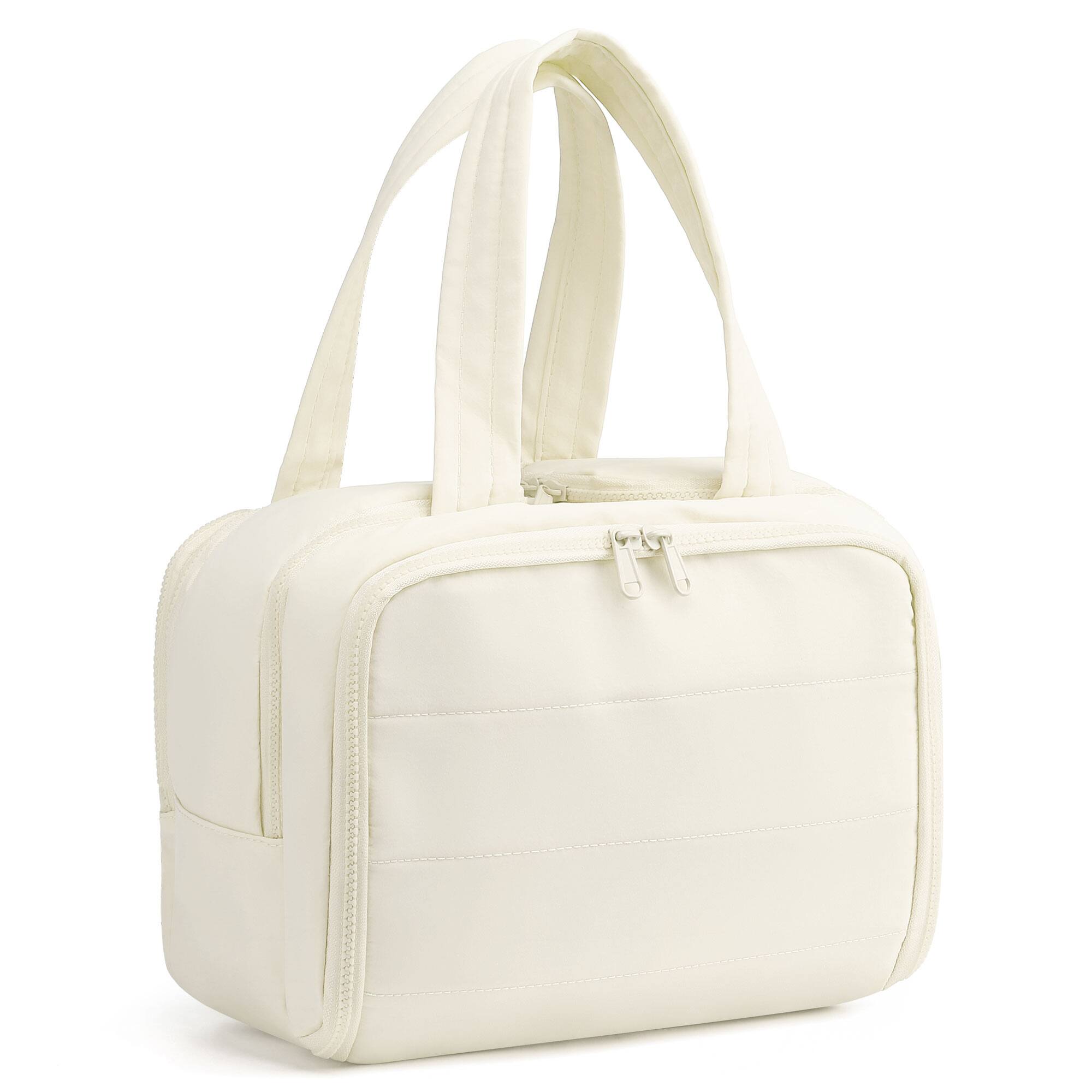 Front. Unique Bargains - Puffy Makeup Bag, Large Travel Toiletry Bag, Cosmetic Organizer for Women with Handle, Lightweight - Beige.