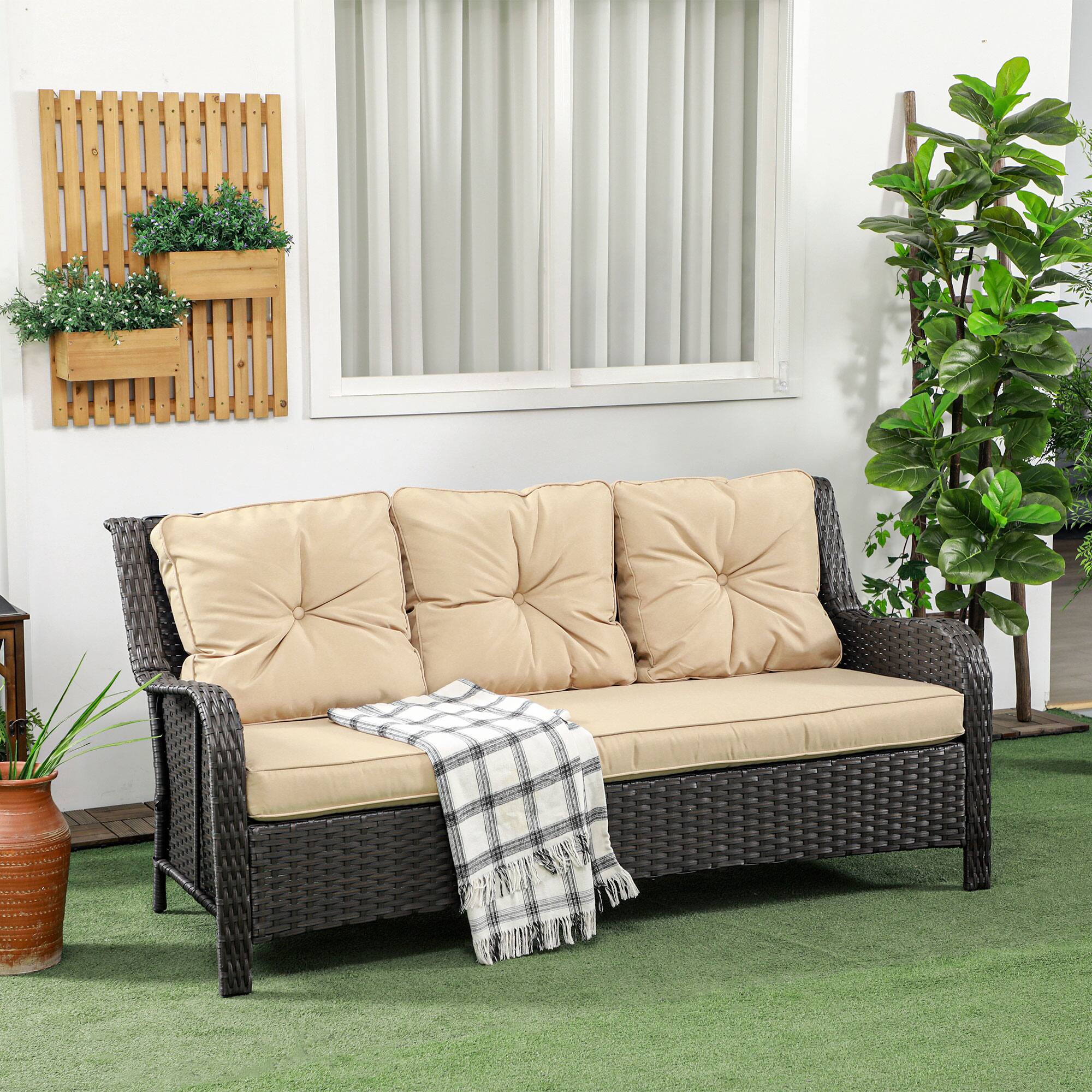 Alt View 1. Outsunny - 3-Seater Outdoor Sofa with 4" Thick Padded Cushions, PE Rattan Patio Outdoor Couch with Curved Armrests for Sunroom - Beige.