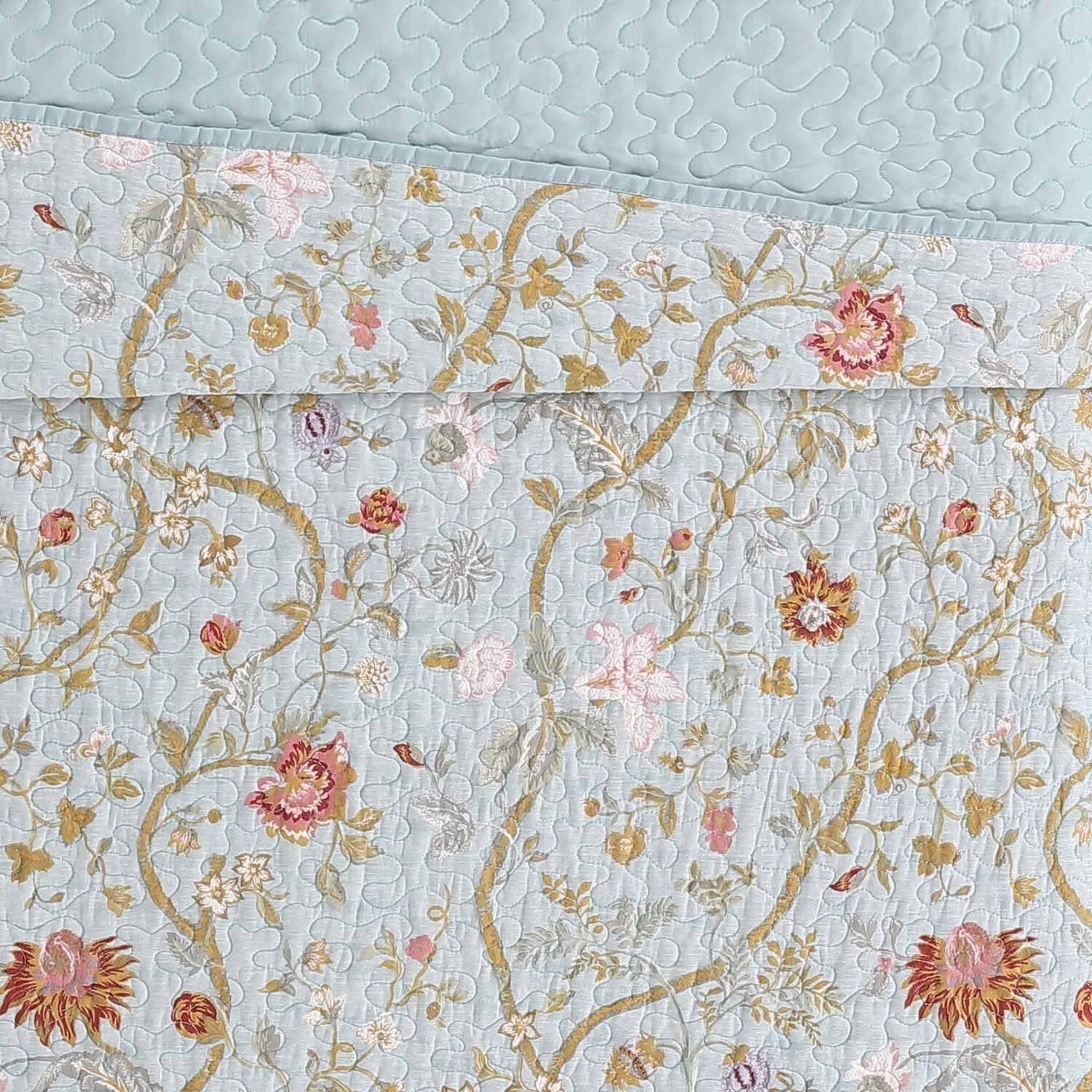 Angle. Hivvago - Twin XL 2 Piece Farmhouse Blue Teal Floral Vines Cotton Reversible Quilt Set - Farmhouse Blue.