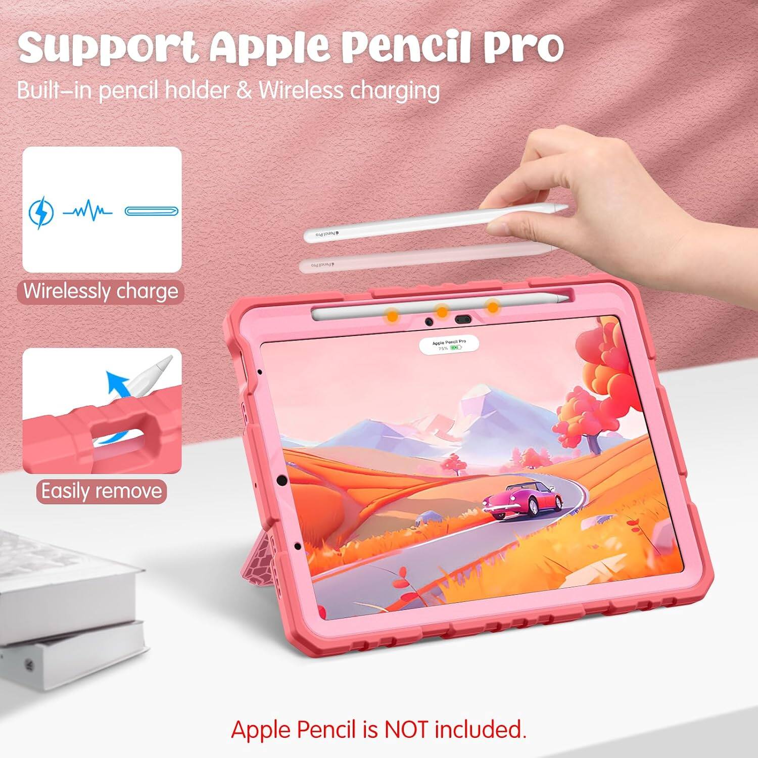 Support Apple Pencil Pro  
Built-in pencil holder & Wireless charging

Wirelessly charge

Easily remove

Apple Pencil is NOT included.