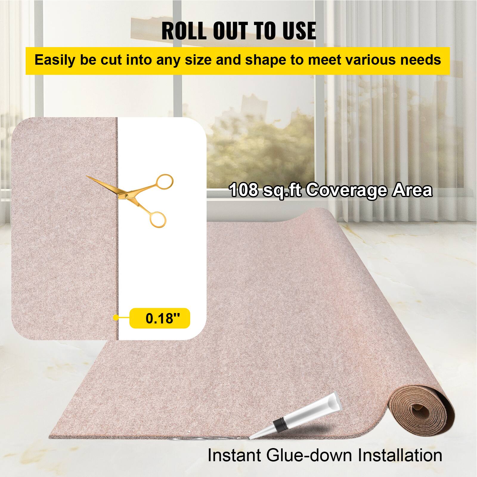 Easily be cut into any size and shape to meet various needs. 108 sq.ft Coverage Area. 0.18" Instant Glue-down Installation.