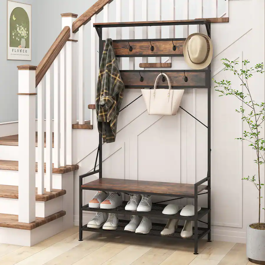 Costway Coat Rack 4 In 1 Hall Tree with 11 Hanging Hooks, Shoe Bench, 2 ...