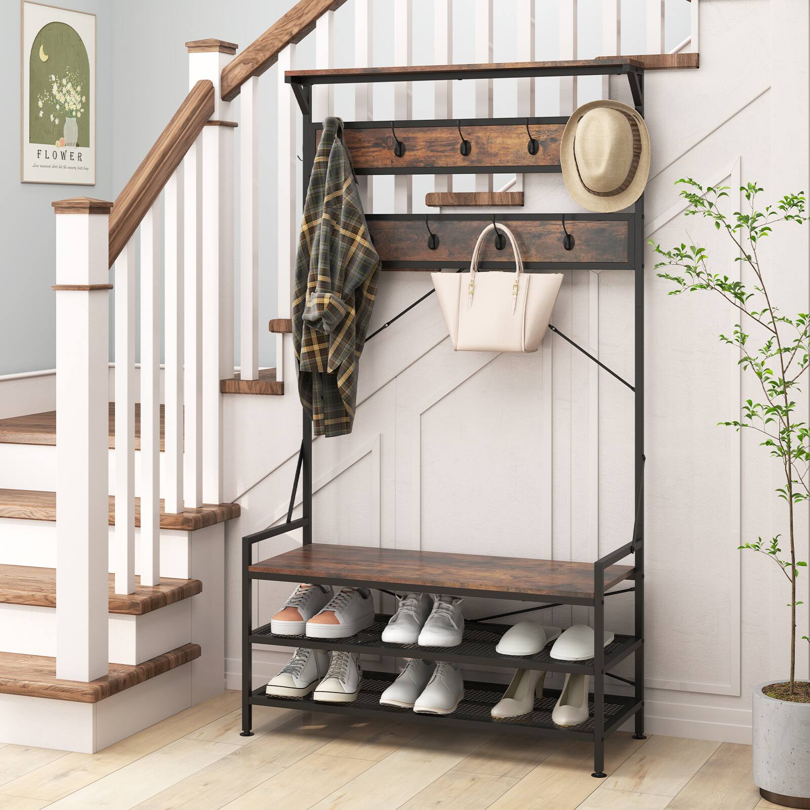 Alt View 4. Costway - Costway Coat Rack 4-In-1 Hall Tree with 11 Hanging Hooks, Shoe Bench, 2-Tier Shoe Rack, Brown - Brown.