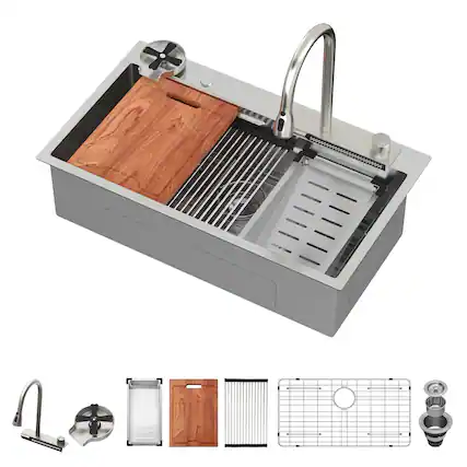 Front. Lordear - 33x19x9 Inch Drop-In Single Bowl 16-Gauge Stainless Steel Brushed Workstation Waterfall Kitchen Sink with Faucet Combo - Brushed Nickel.