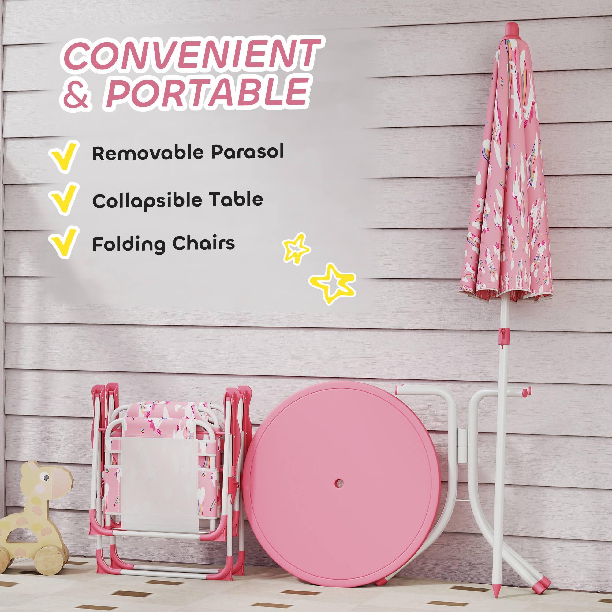 CONVENIENT & PORTABLE

- Removable Parasol
- Collapsible Table
- Folding Chairs