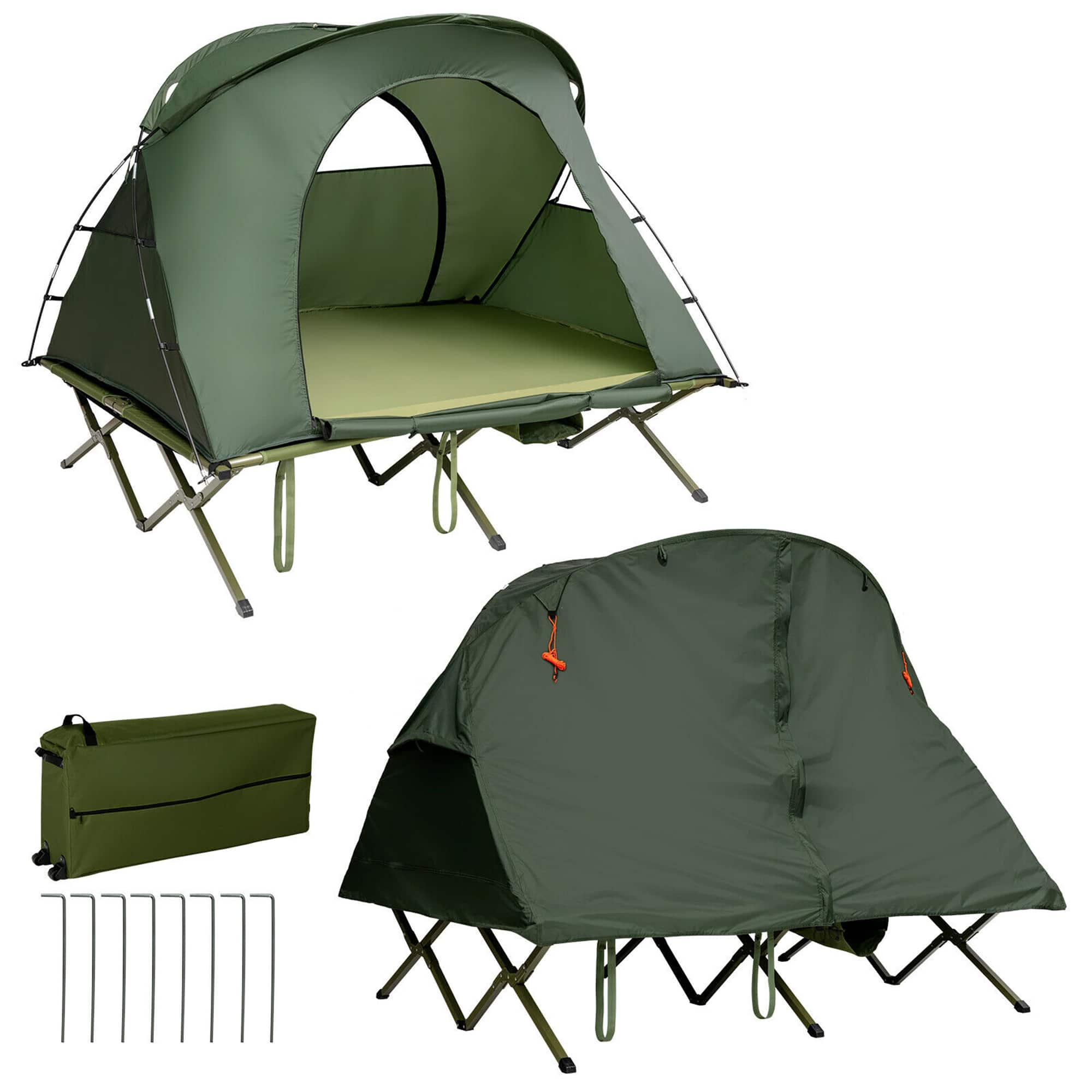 Front. Costway - 2-Person Outdoor Camping Tent Cot Compact Elevated Tent Set with External Cover - Green.