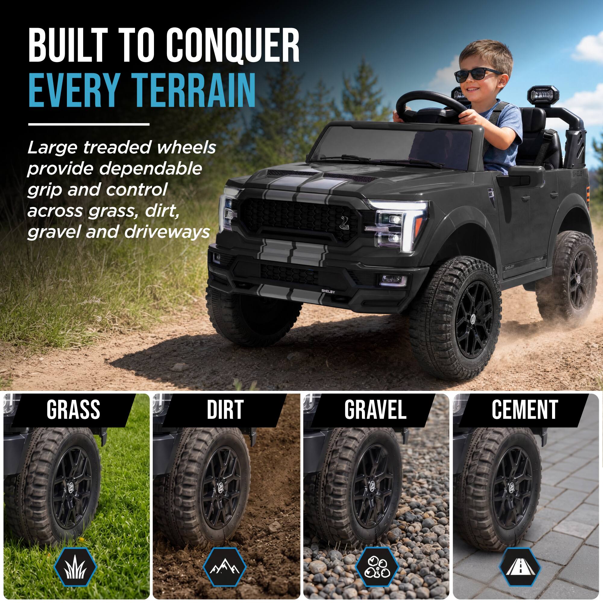 BUILT TO CONQUER EVERY TERRAIN

Large treaded wheels provide dependable grip and control across grass, dirt, gravel and driveways

GRASS
DIRT
GRAVEL
CEMENT