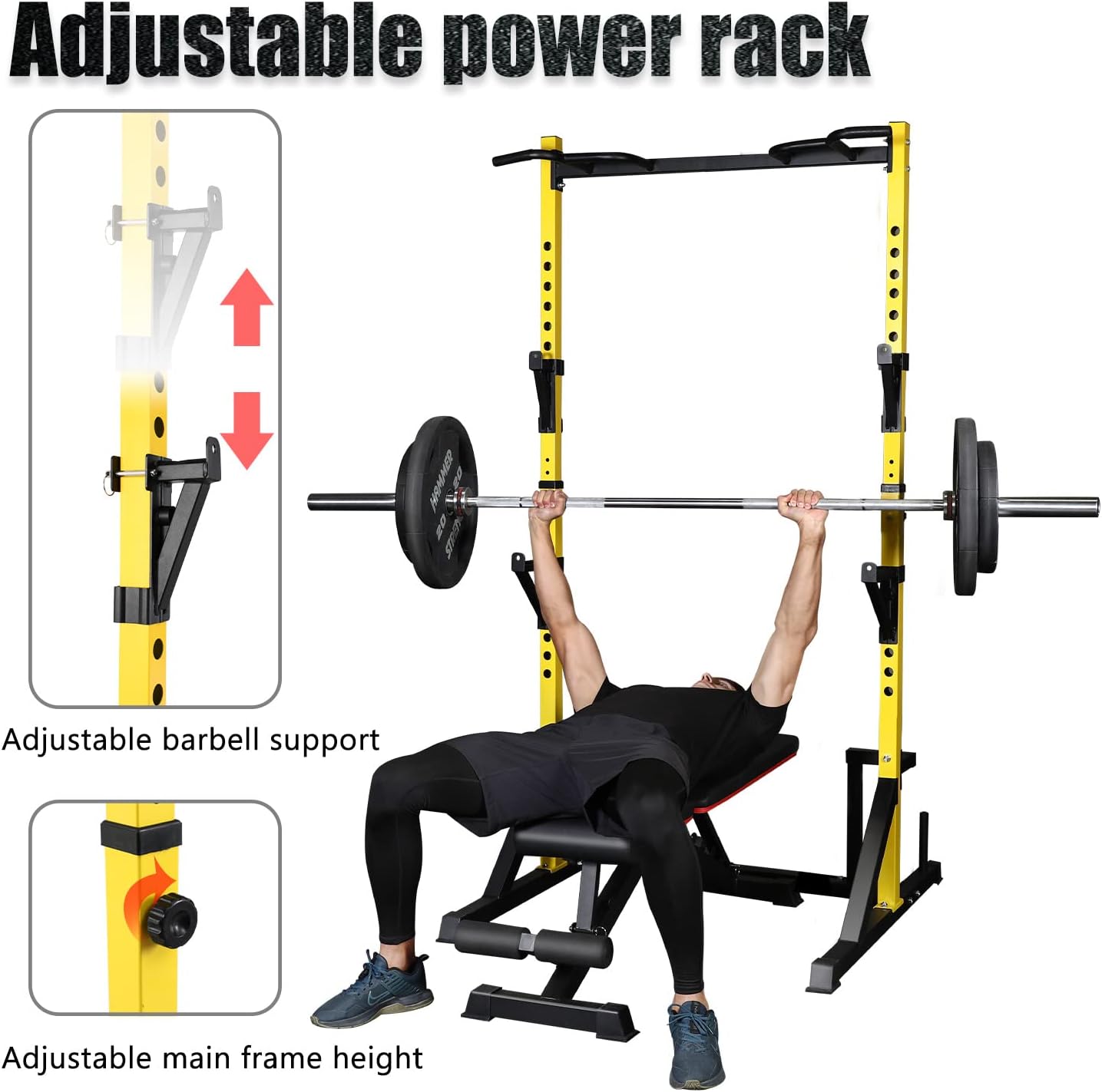 Adjustable power rack

Adjustable barbell support

Adjustable main frame height