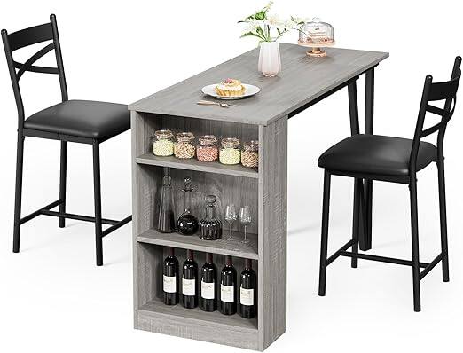 Front. Homhougo - Dining Table Set for 2-4, 40cm Cushions, Folding Extension, Gray Finish - Gris.