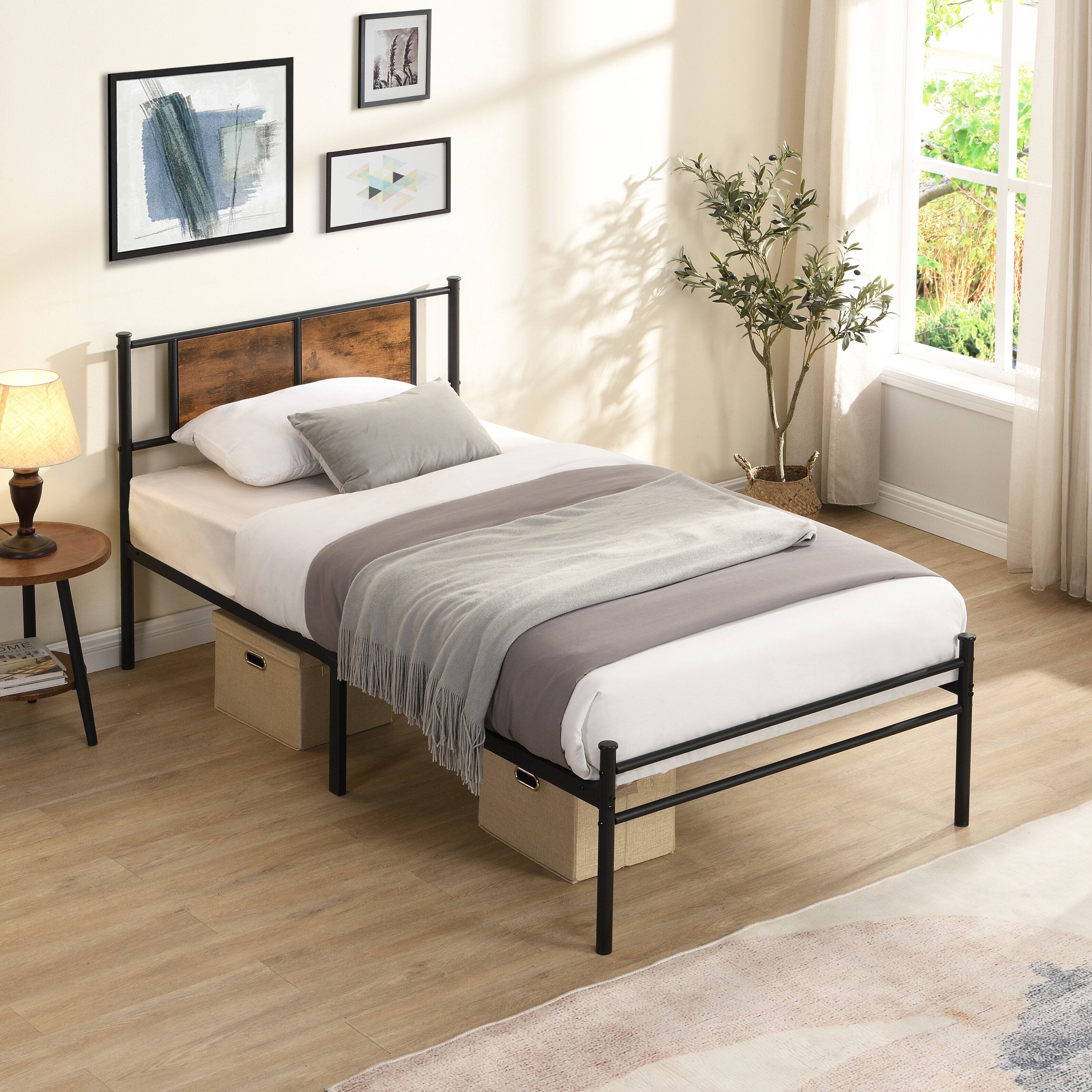Left. LUCKY ONE - Twin Size Bed Frame with Headboard - Black+Brown.