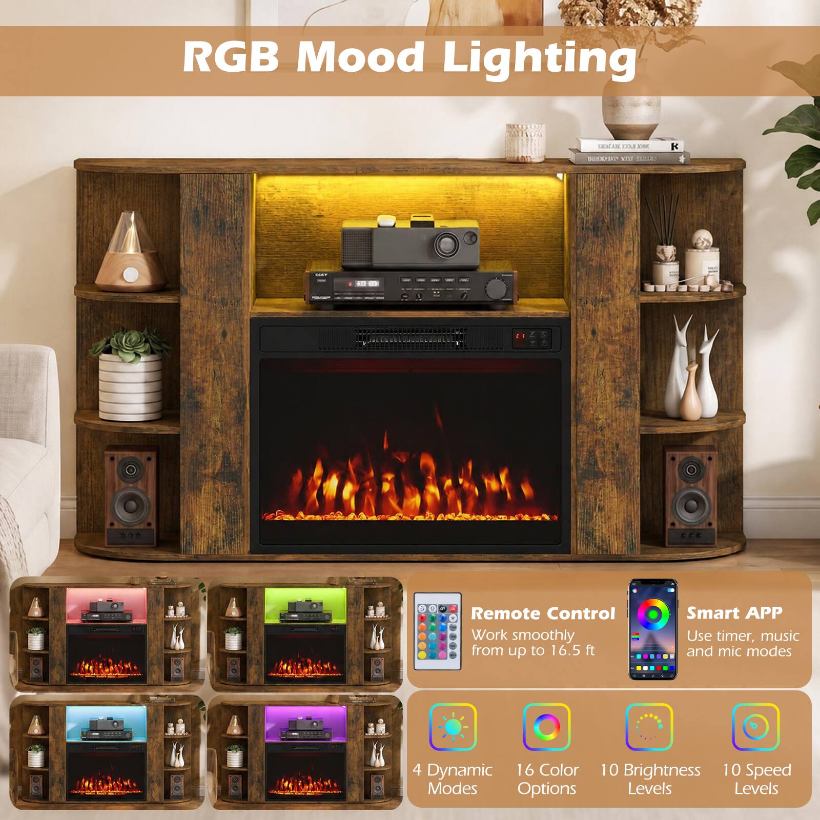 RGB Mood Lighting

SEGAR XXXI 202 SUMENAIN (33322
K
may
see
......
2
5

Remote Control
Work smoothly from up to 16.5 ft

Smart APP
Use timer, music and mic modes

4 Dynamic 16 Color Modes Options
10 Brightness 10 Speed Levels