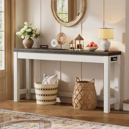 Front. Aheaplus - 63'' Long Narrow Console Table with Charging Station for Entryway - White & Gray.