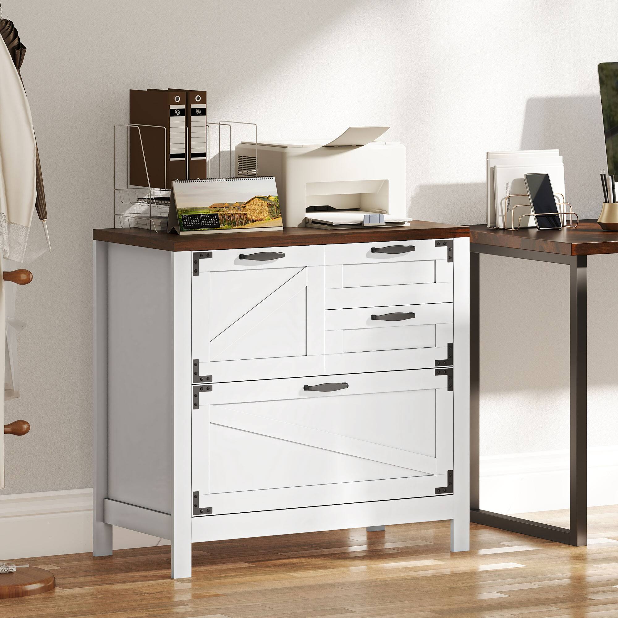 Alt View 8. Homcom - Filing Cabinet, Farmhouse File Cabinet with 4 Drawers - White.