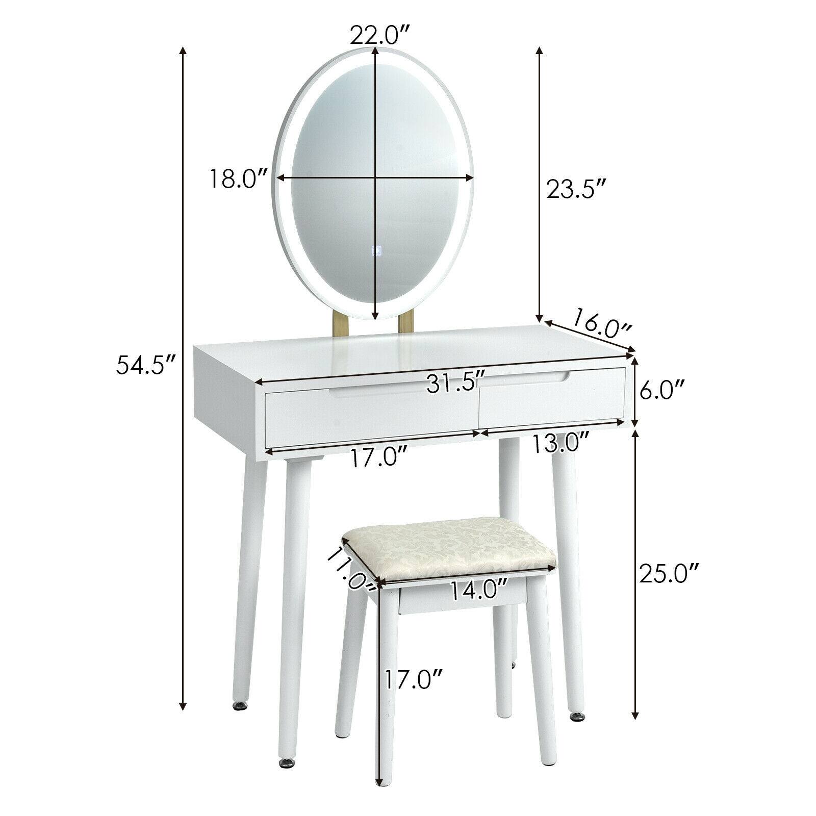 The text can be grouped as follows:

- Mirror dimensions: 22.0", 18.0"
- Mirror stand dimensions: 54.5", 31.5", 16.0", 6.0"
- Stool dimensions: 17.0", 13.0", 11.0", 14.0", 25.0"
