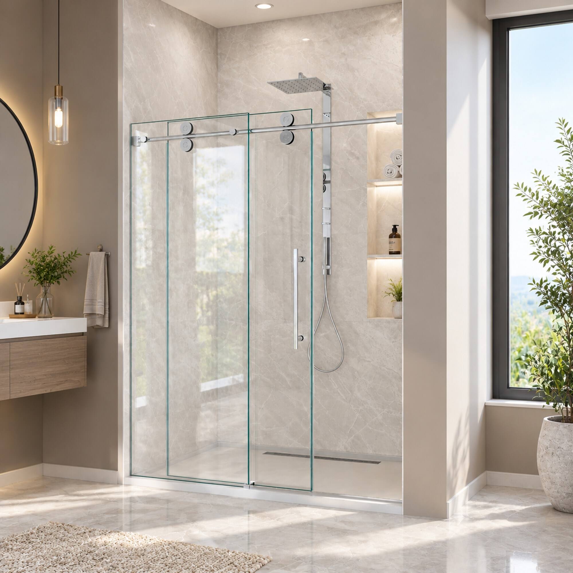 Angle. RYHNUYNE - 44-48 In W X 76 In H Frameless Single Sliding Shower Door, 5/16 In Clear Tempered Glass Chrome Finish - Chrome.