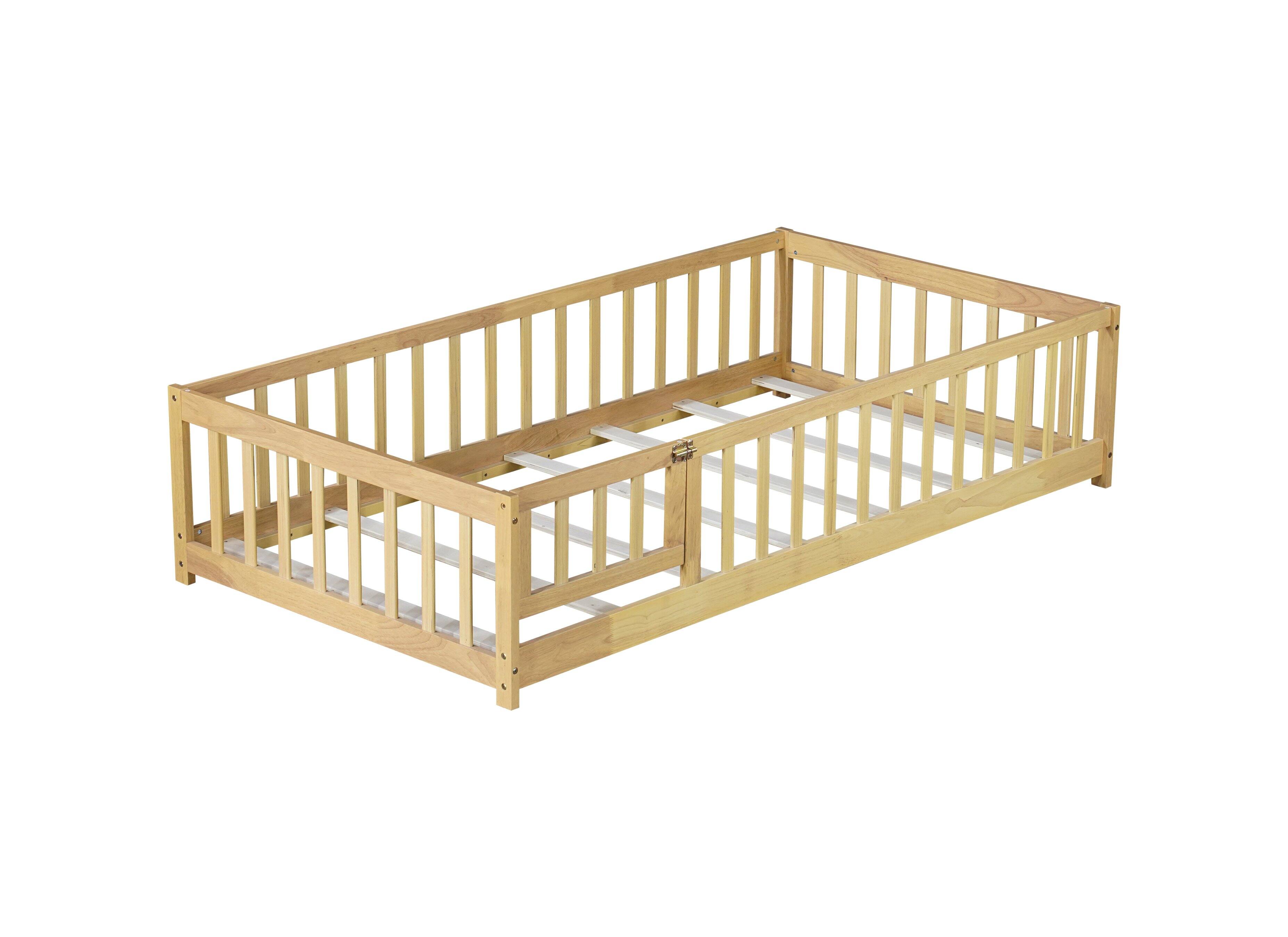 Alt View 6. Tiramisubest - Twin Size Floor Bed with Fence and Door,Rubber Wood Floor Bed with Safety Guardrails,Natural - Natural.