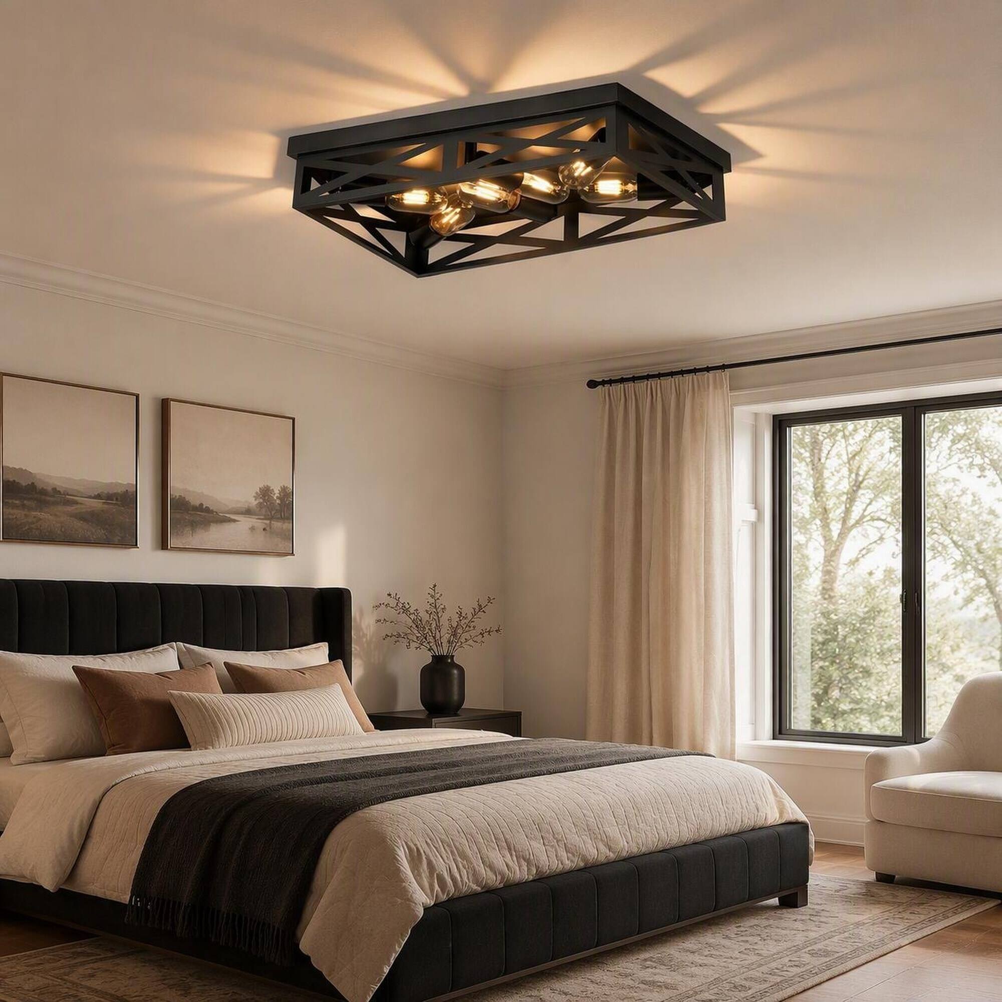 Back. RYHNUYNE - 6-Light Matte Black Industrial Farmhouse Square Flush Mount Ceiling Light with Geometric Iron Cage.