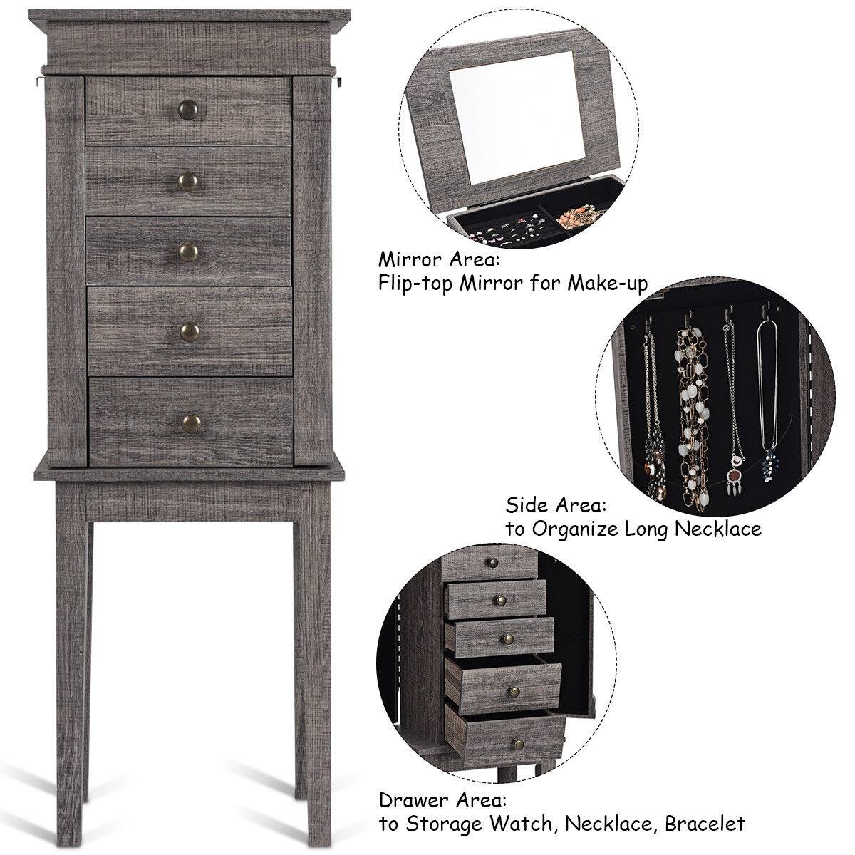 Mirror Area: Flip-top Mirror for Make-up  
Side Area: to Organize Long Necklace  
Drawer Area: to Storage Watch, Necklace, Bracelet
