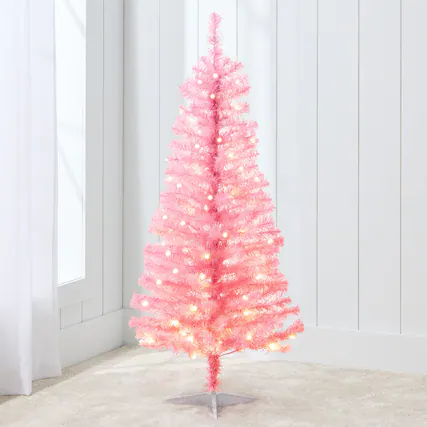 Front. Best Choice Products - Best Choice Products 4ft Pre-lit Colored Christmas Tree, Artificial Tree Holiday Decor w/ LED Lights - Pink Tinsel - Pink Tinsel.
