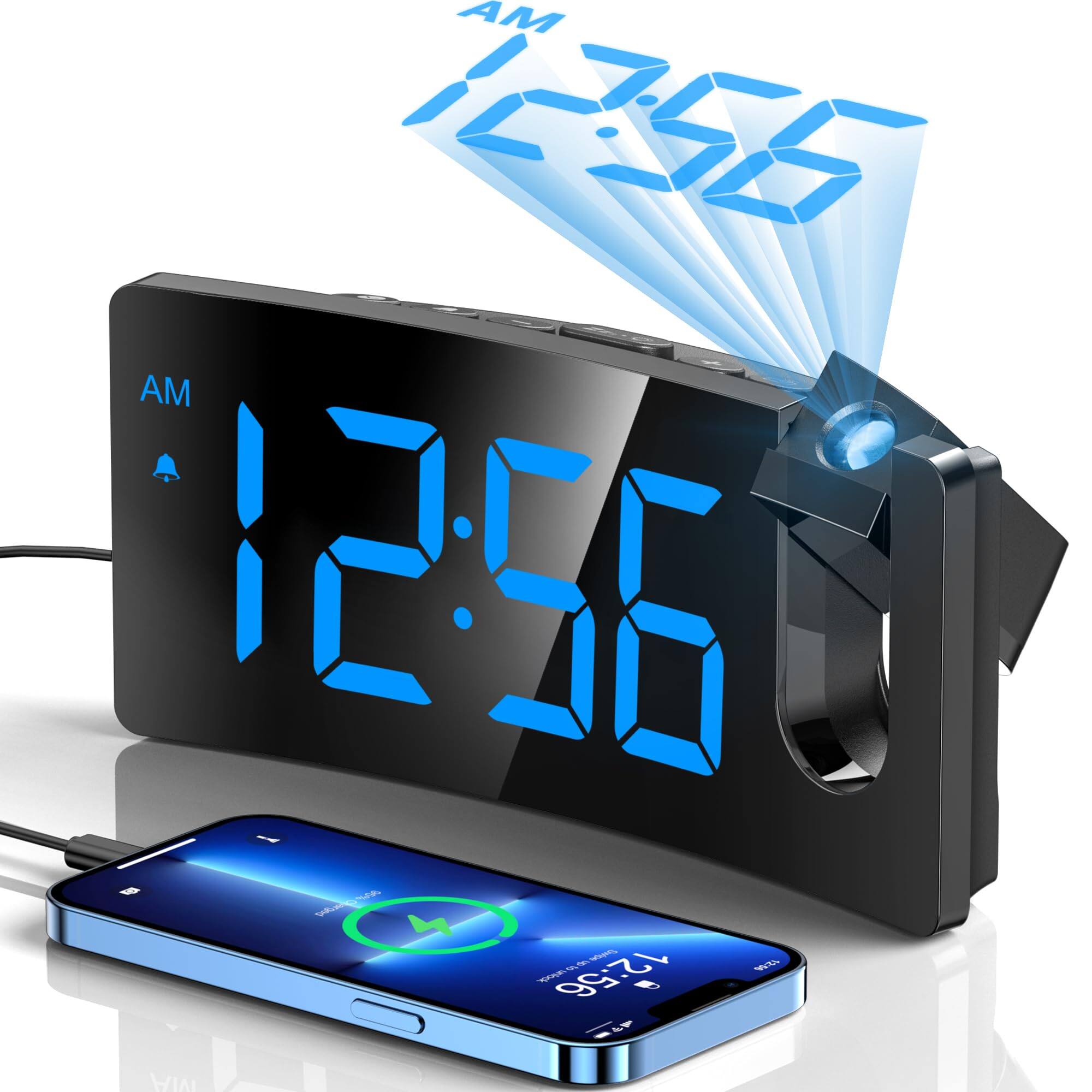 Dazzed Corner - Projection Alarm Clock with 180° Rotatable Projector, 3-Level Brightness Dimmer - Black