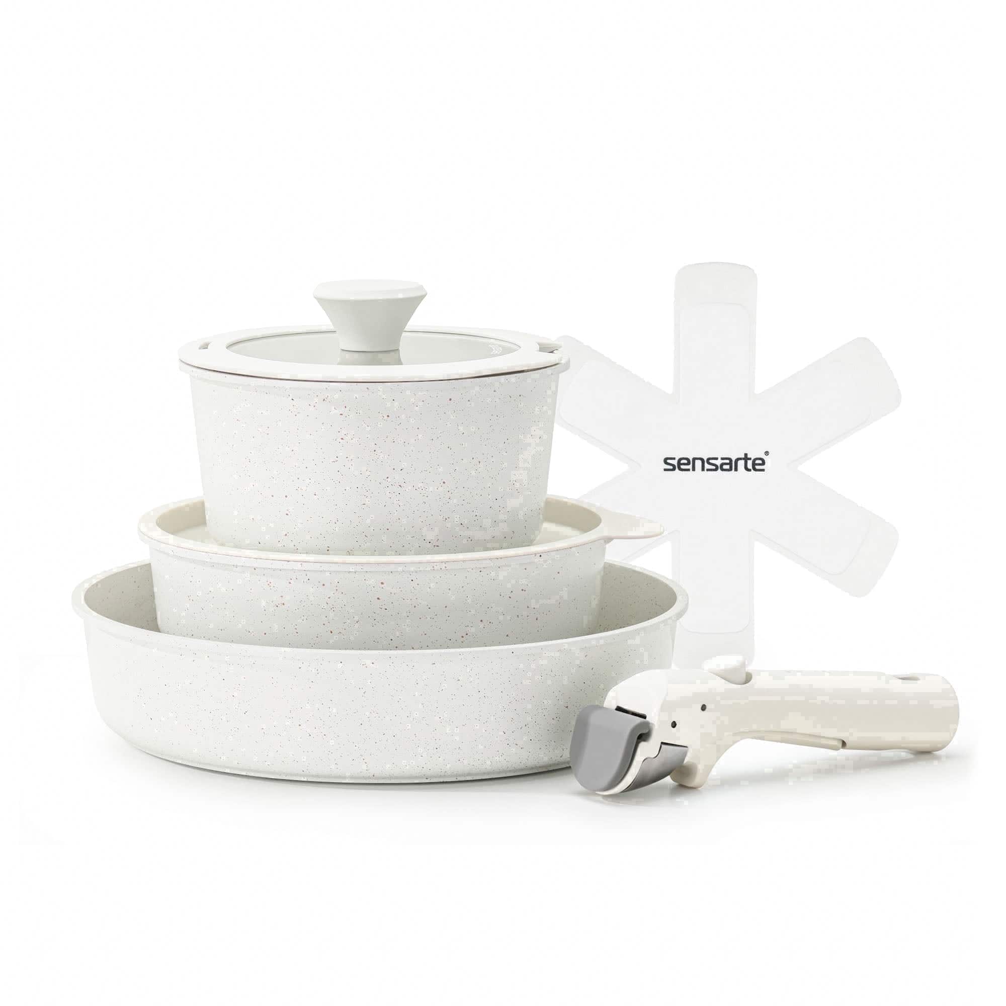 SENSARTE - 8-Piece Nonstick Pots and Pans Set with Detachable Handle, Induction Compatible, Dishwasher/Oven Safe - White