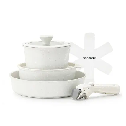 Front. SENSARTE - 8-Piece Nonstick Pots and Pans Set with Detachable Handle, Induction Compatible, Dishwasher/Oven Safe - white.