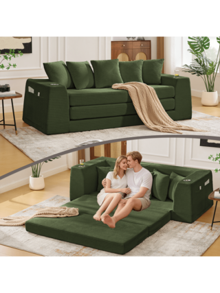 Front. Trinkets Crazed - 82.25" Convertible Sofa Bed, Loveseat Sleeper Sofa, 2 In 1 Sofa, Corduroy Pull Out Sofa Bed, 5 Pillows, Side Pocket - Green.