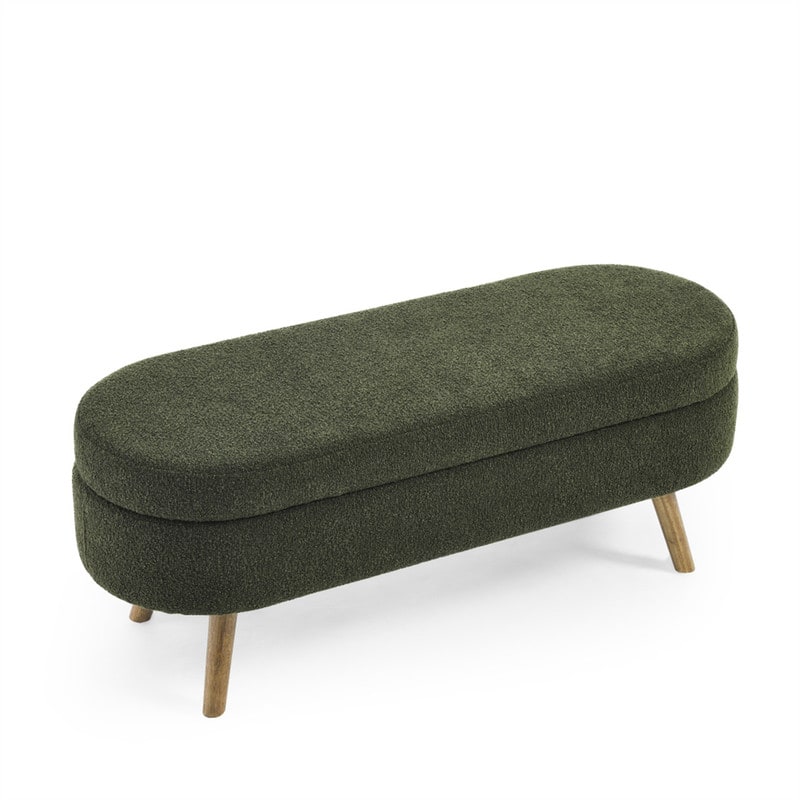 HTUTWOO - 43.5" Ottoman Storage Bench - Oval Upholstered Linen Fabric Footrest Bench with Wood Legs, End of Bed for Living Room - Green