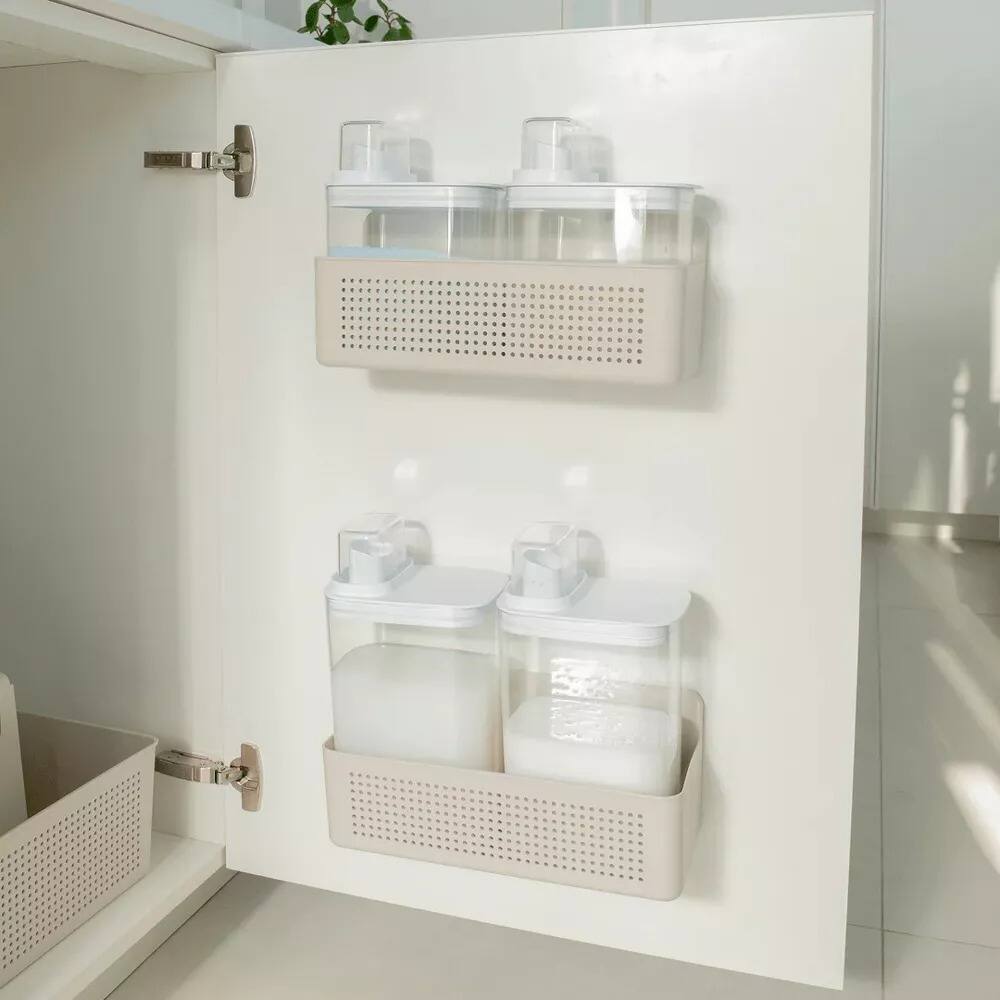 Back. OU - Laundry Detergent Dispenser Set with Wall Rack, 50 oz & 77 oz Soap/Fabric Softener Dispensers with Measuring Cap - Beige.